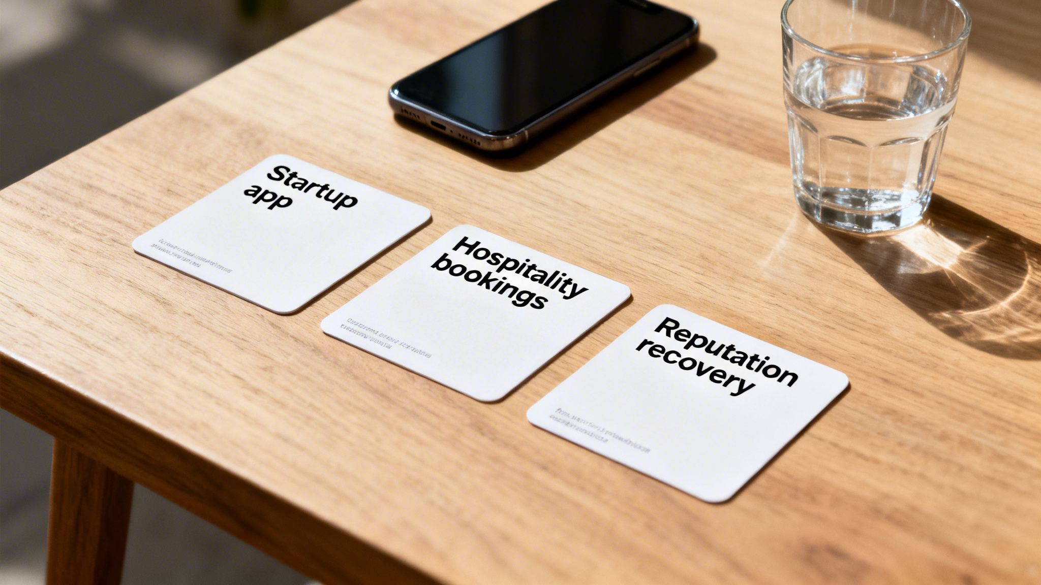 Three cards displaying public relations topics: startup app, hospitality bookings, reputation recovery, on a wooden table.