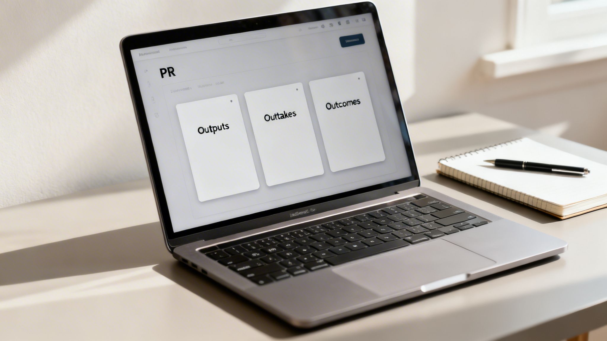 A laptop displays 'PR', 'Outputs', 'Outtakes', and 'Outcomes' on screen, with a notebook and pen.
