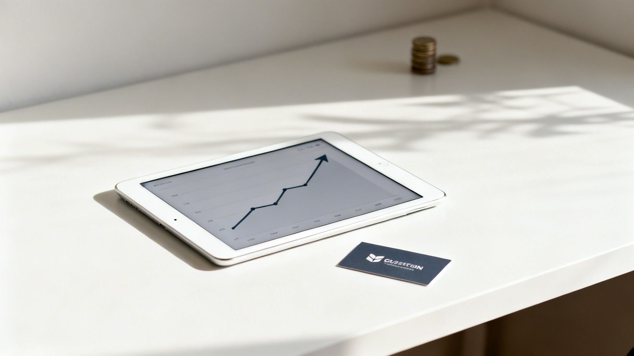 A white tablet displays a financial growth chart next to a business card and stacked coins.