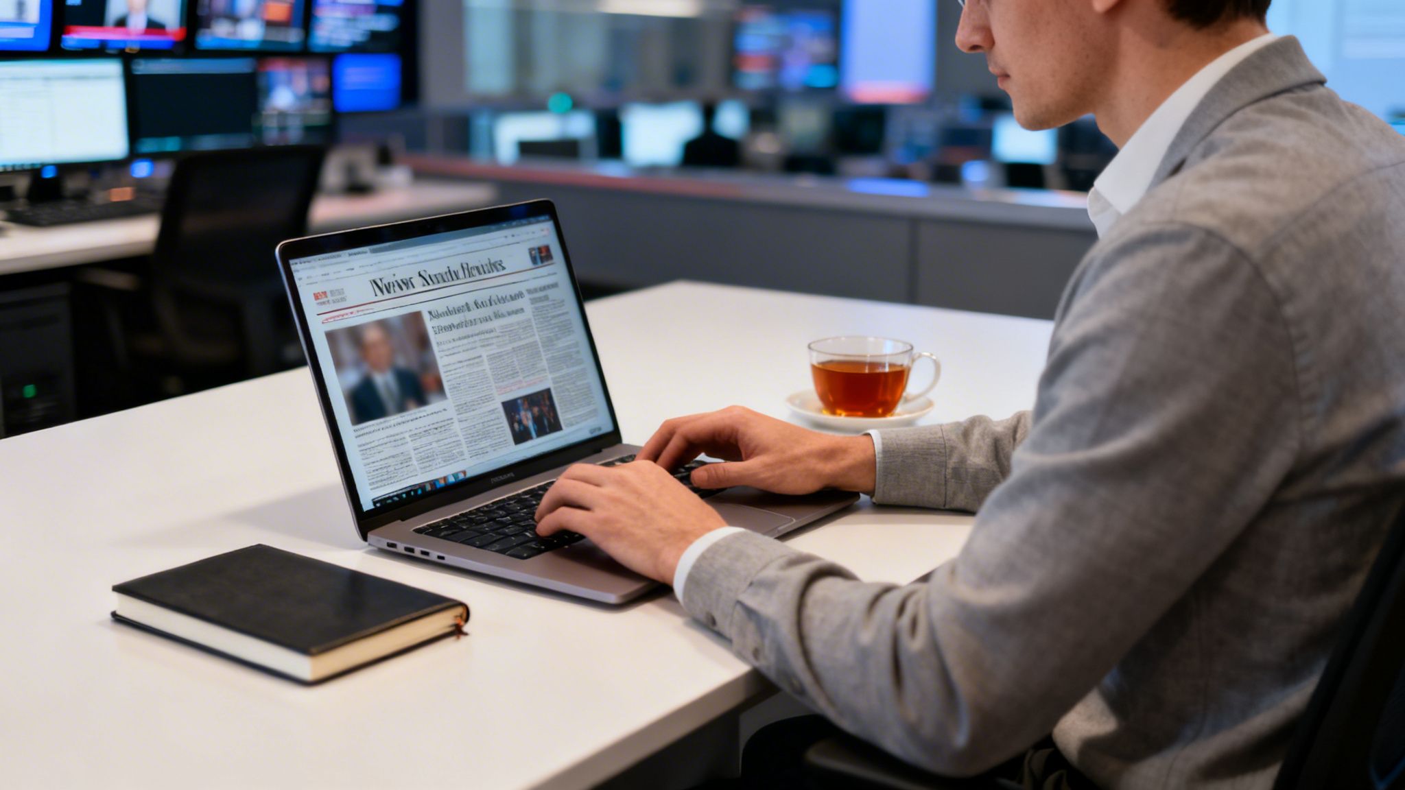 A man typing on a laptop, reading news online, with a cup of tea and a notebook on a desk.