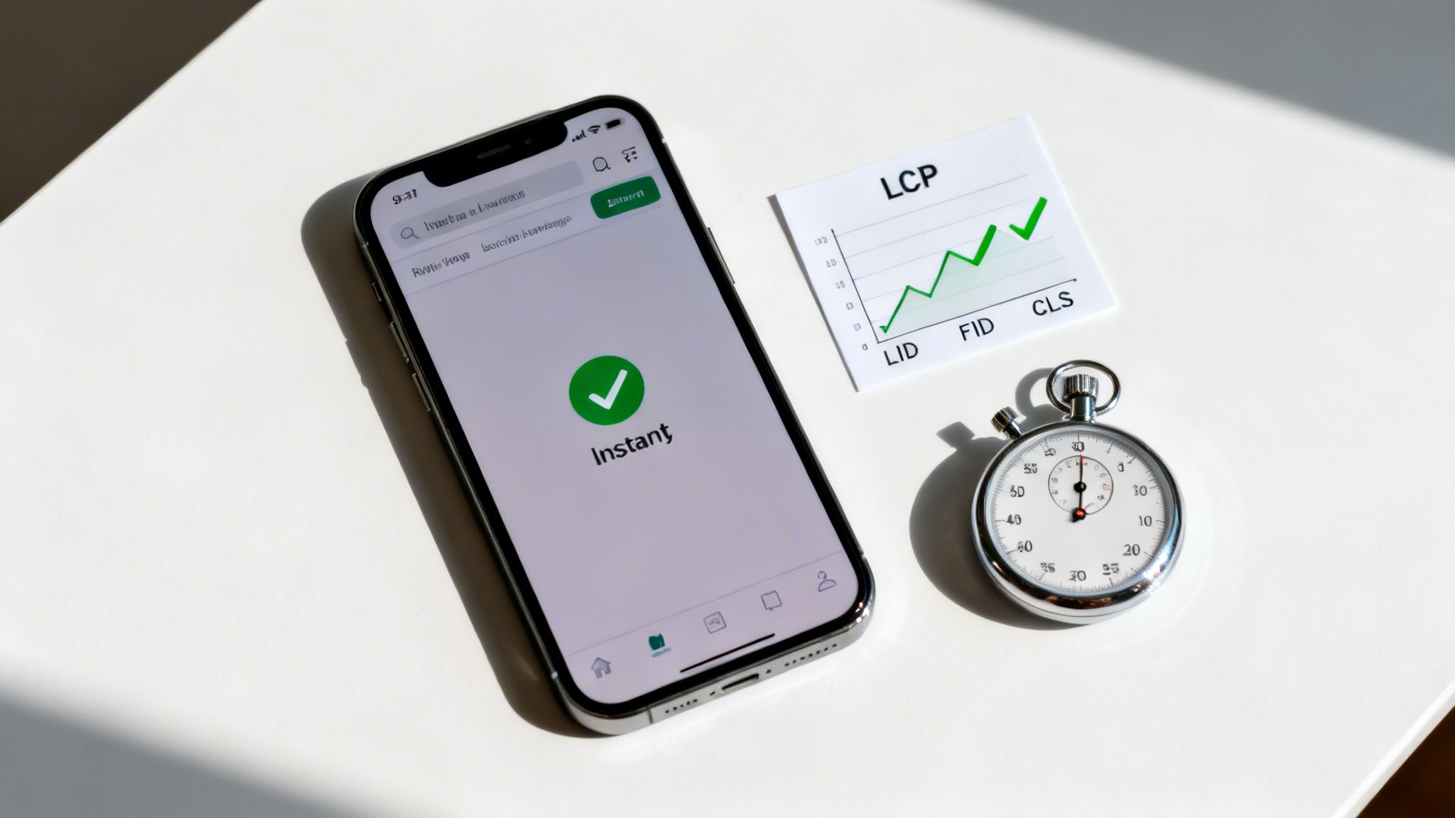 A smartphone shows 'Instant' with a checkmark, next to an LCP performance graph and a stopwatch.