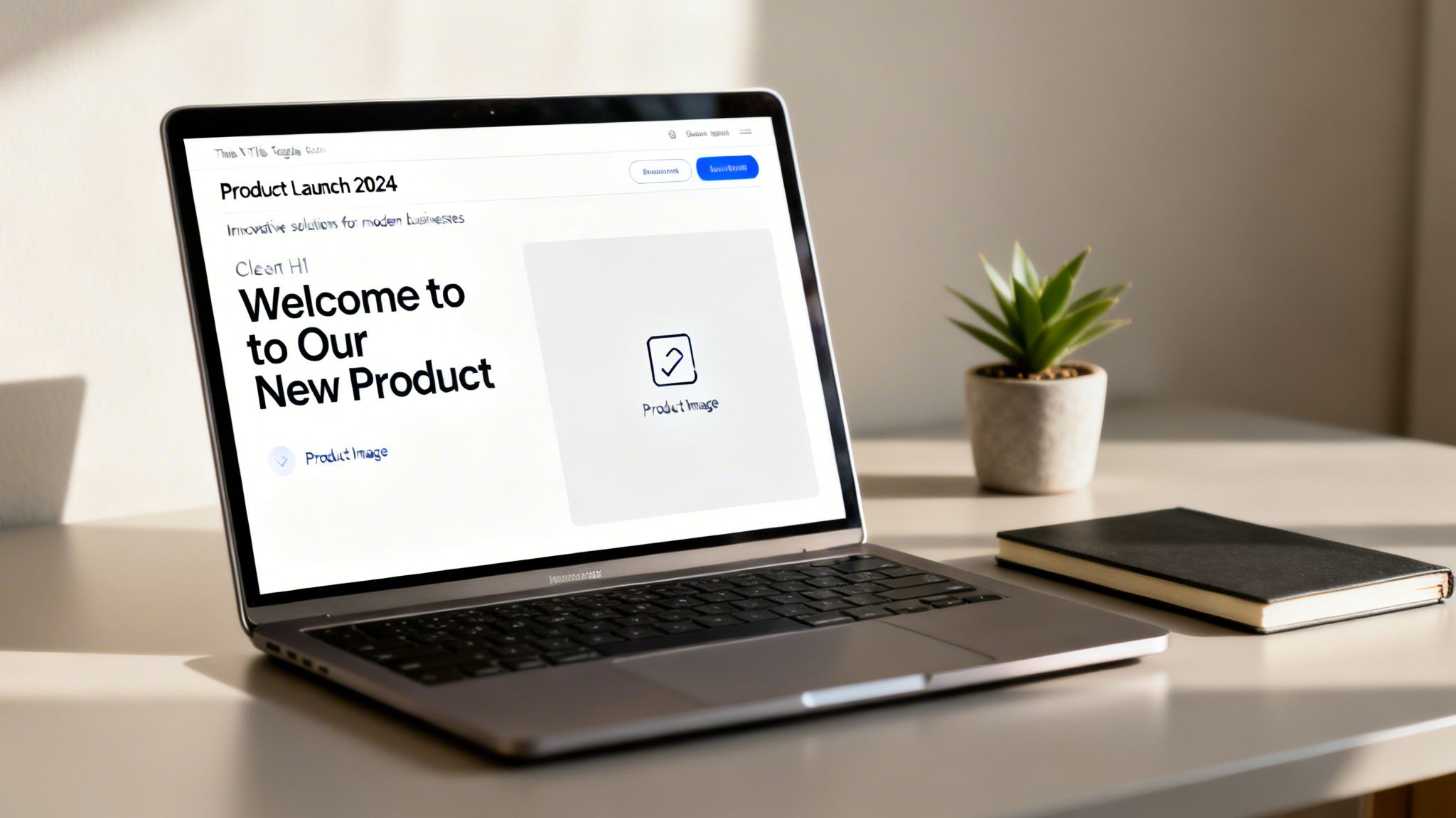 A laptop shows a product launch page with 'Welcome to Our New Product', next to a potted plant and notebook.