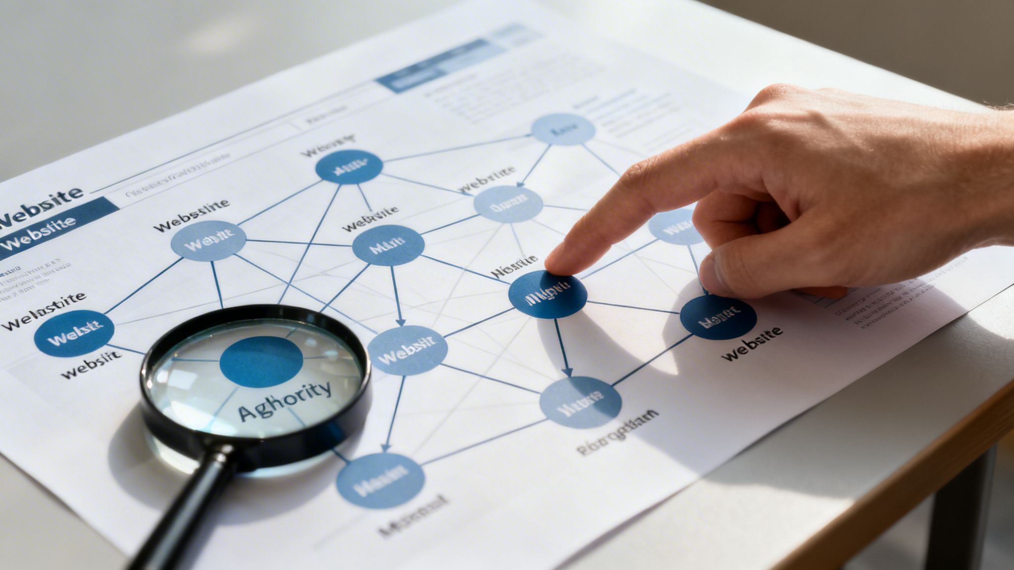A hand points at a website network diagram with a magnifying glass, illustrating SEO analysis.