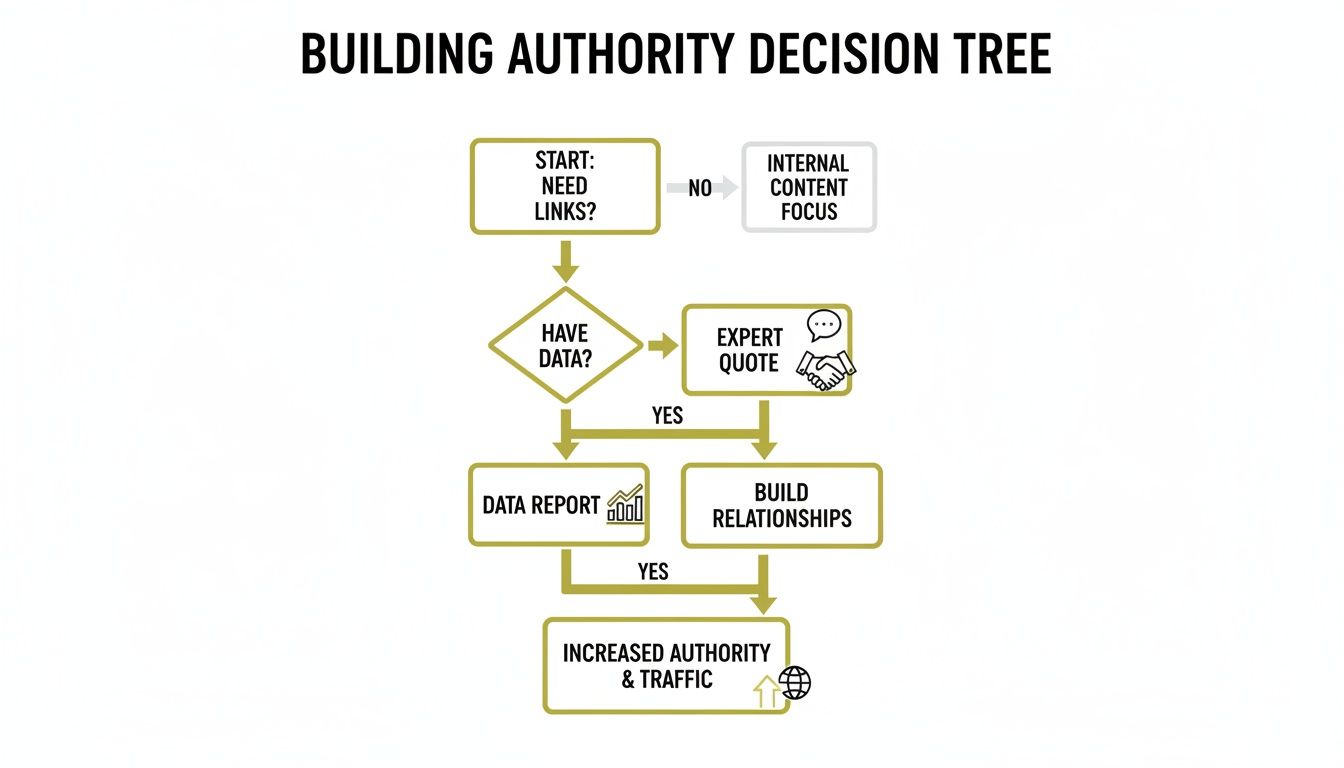 Decision tree flowchart for building authority and increasing traffic through links, data, quotes, and relationships.