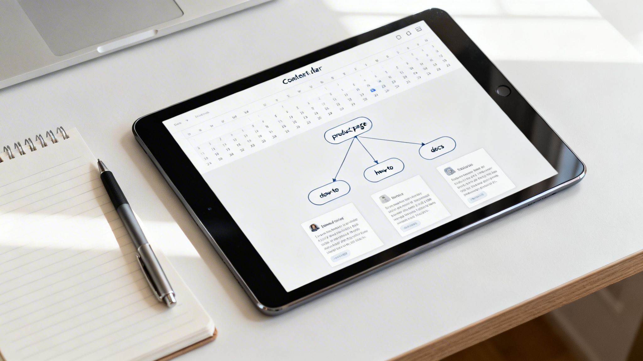 A tablet displays a content strategy mind map and calendar on a desk with a notebook and pen.
