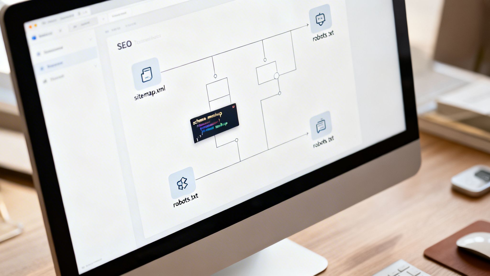 A computer screen displays an SEO flowchart with sitemap.xml, robots.txt, and schema markup elements.
