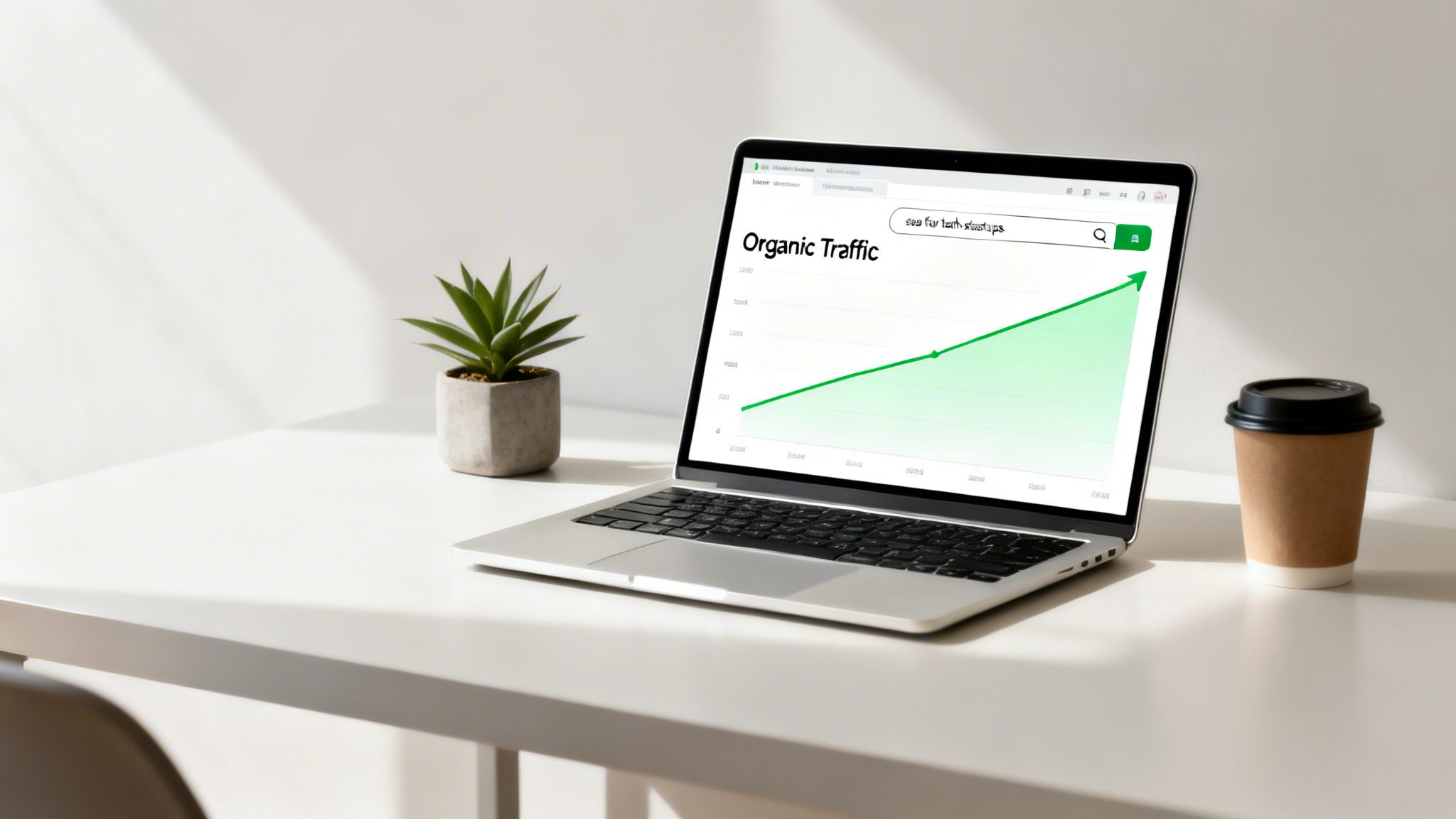 A laptop on a white desk displays a green graph showing increasing organic traffic, with a plant and coffee.