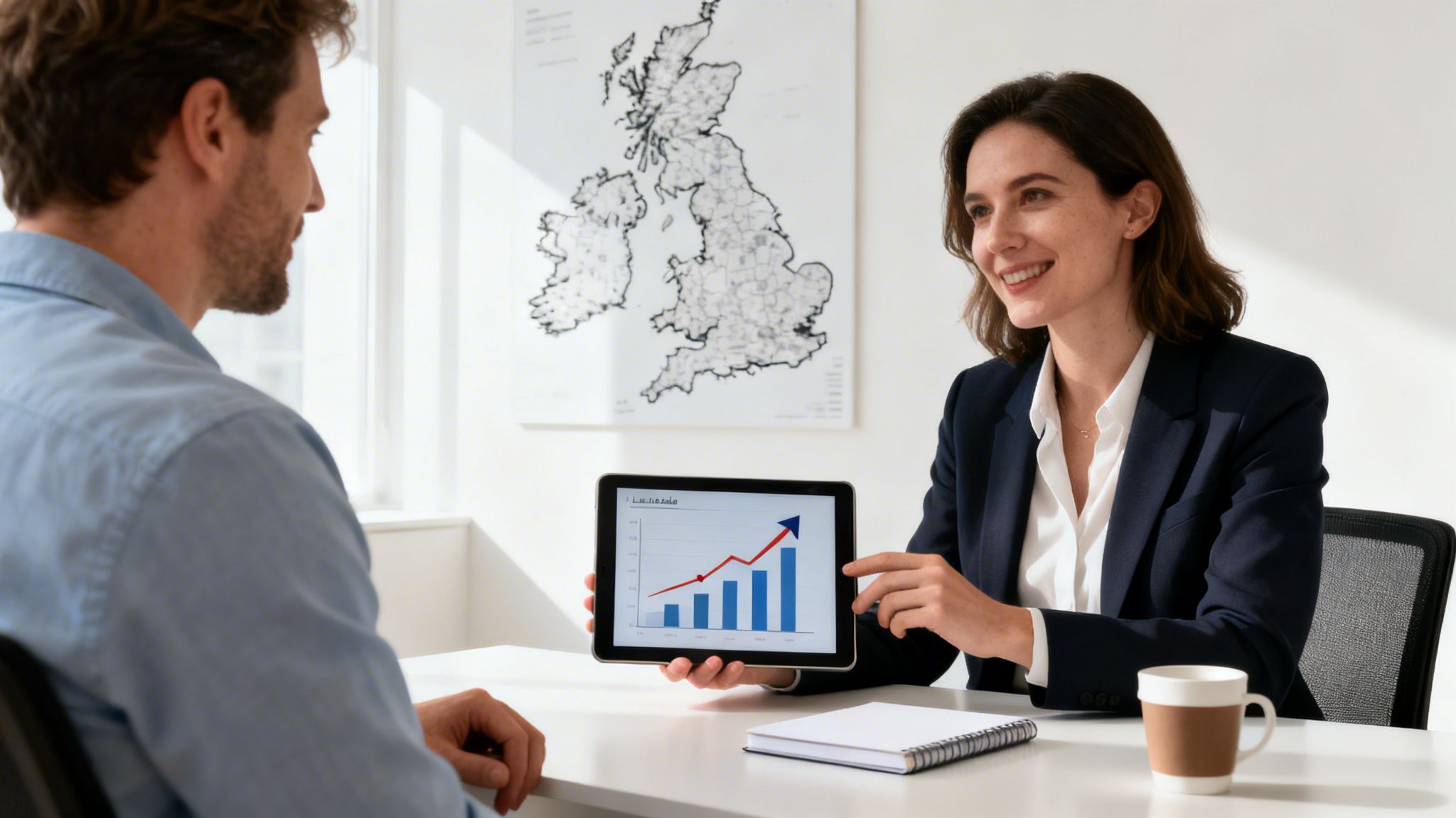 A smiling businesswoman shows a client a tablet displaying a positive business growth chart.