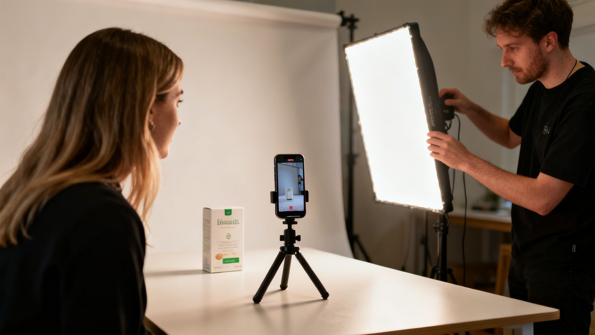 Man adjusts studio light while woman watches smartphone recording a product on a white table.