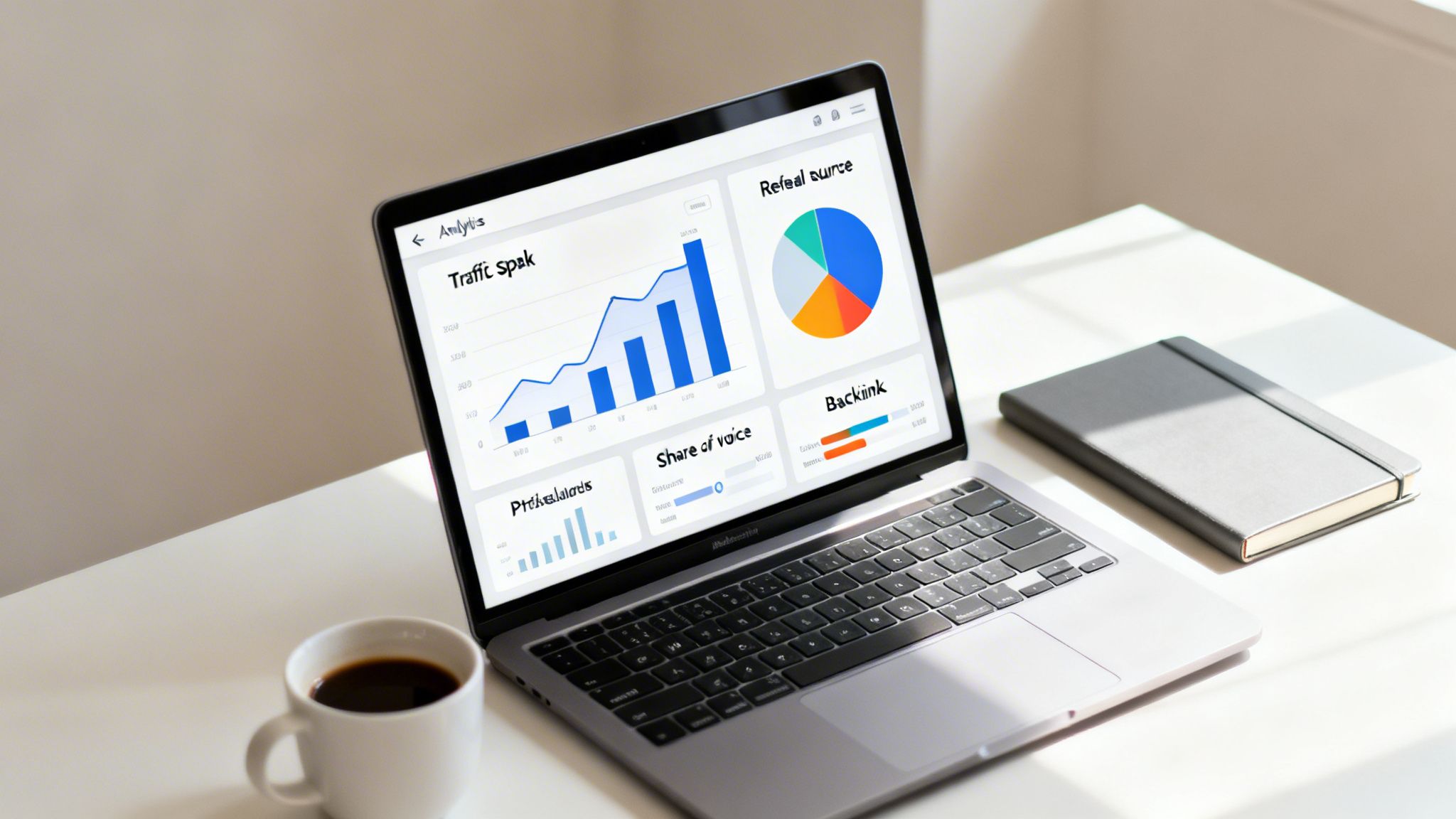 Laptop displaying business analytics dashboard, coffee cup, and notebook on a white desk.