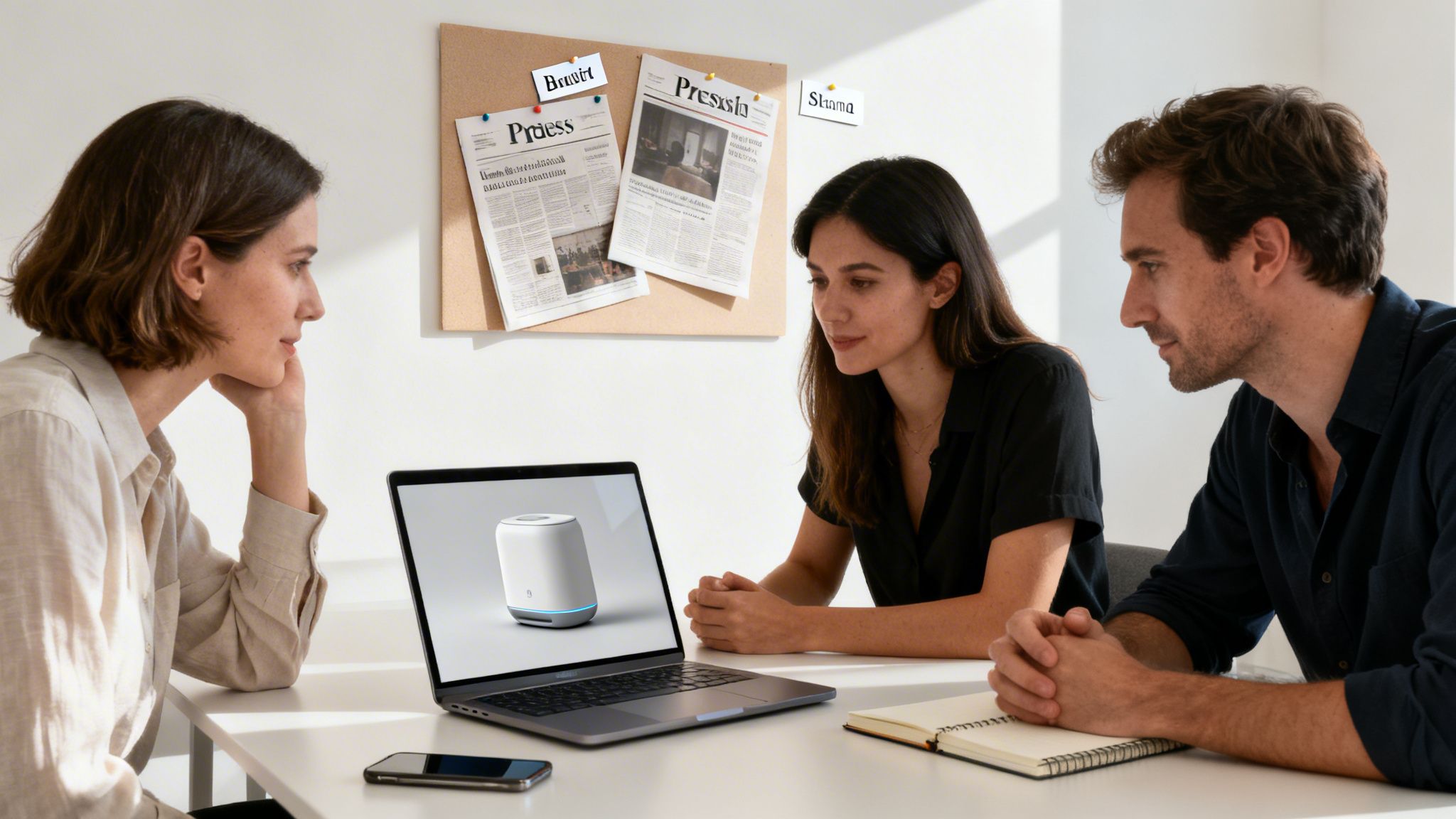 Three colleagues review a smart device on a laptop during a technology presentation.