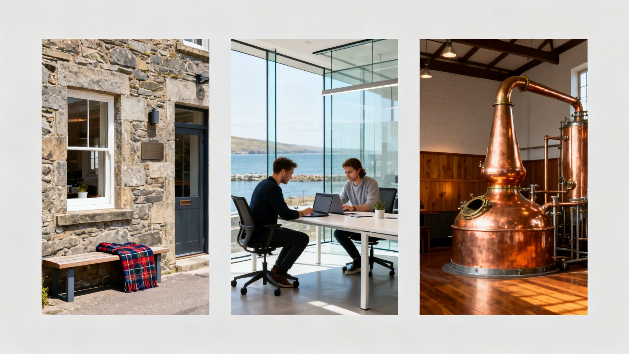 A triptych image showing a stone cottage, a modern office overlooking the sea, and a large copper distillery still.