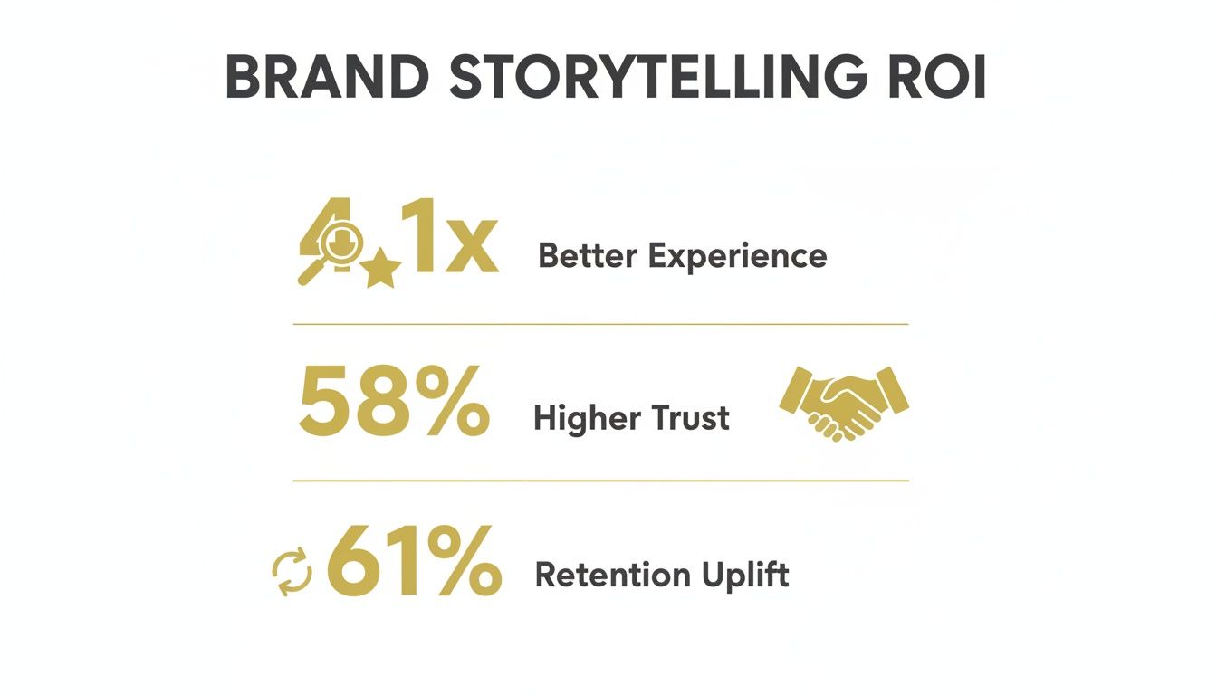 Infographic showing Brand Storytelling ROI: 4.1x better experience, 58% higher trust, 61% retention uplift.