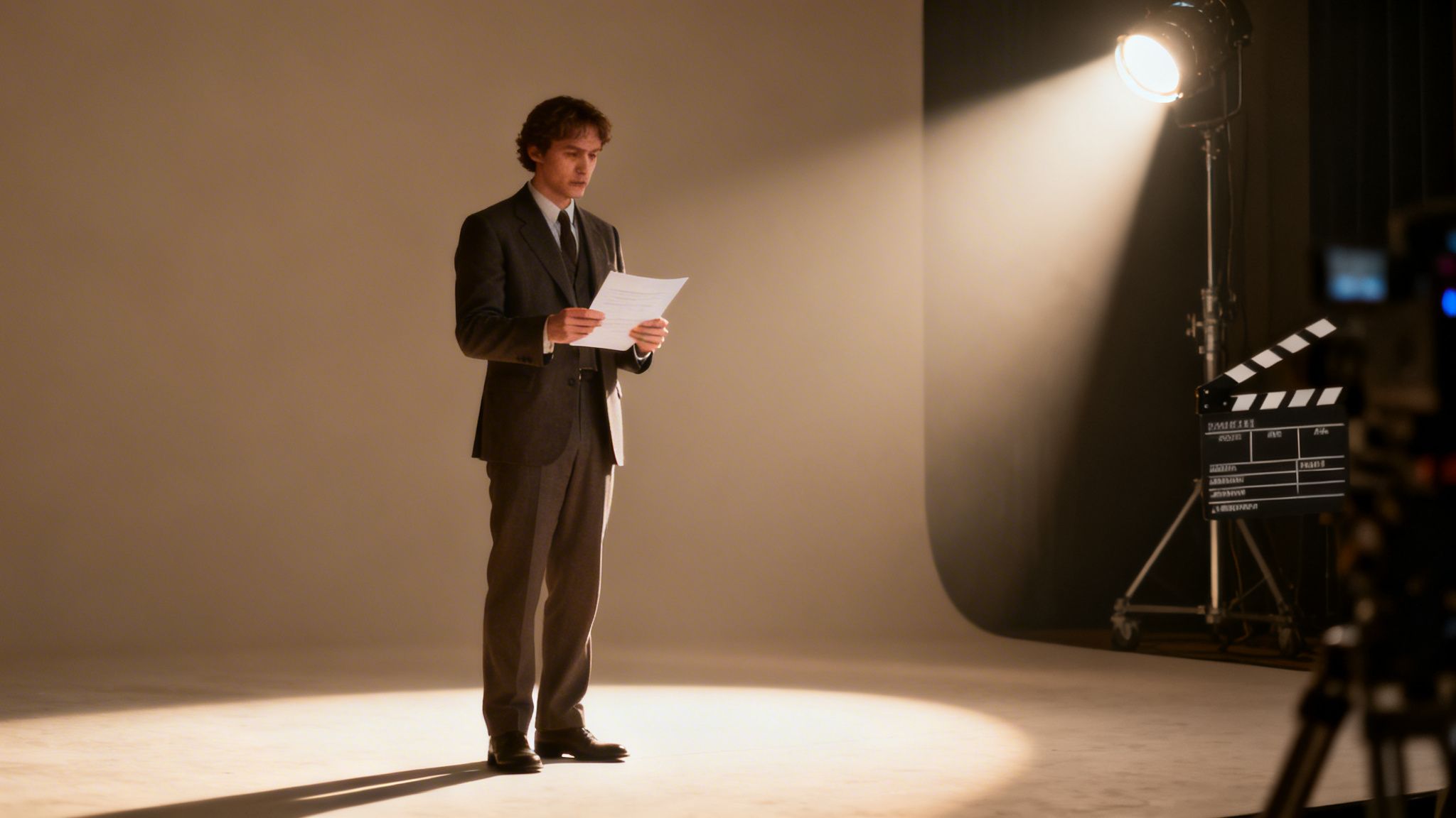 A man in a suit reads papers under a bright spotlight on a film set with a clapperboard.