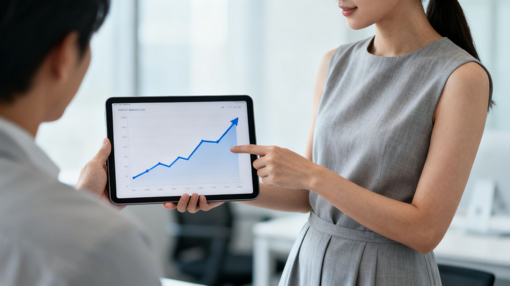 A woman presents a business growth chart on a tablet to a colleague in an office.