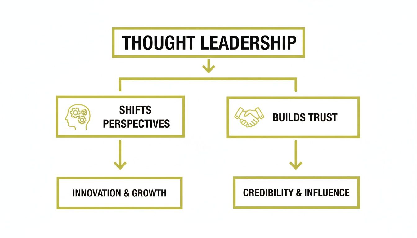 Flowchart explaining thought leadership's impact, showing how it shifts perspectives for innovation and builds trust for credibility.