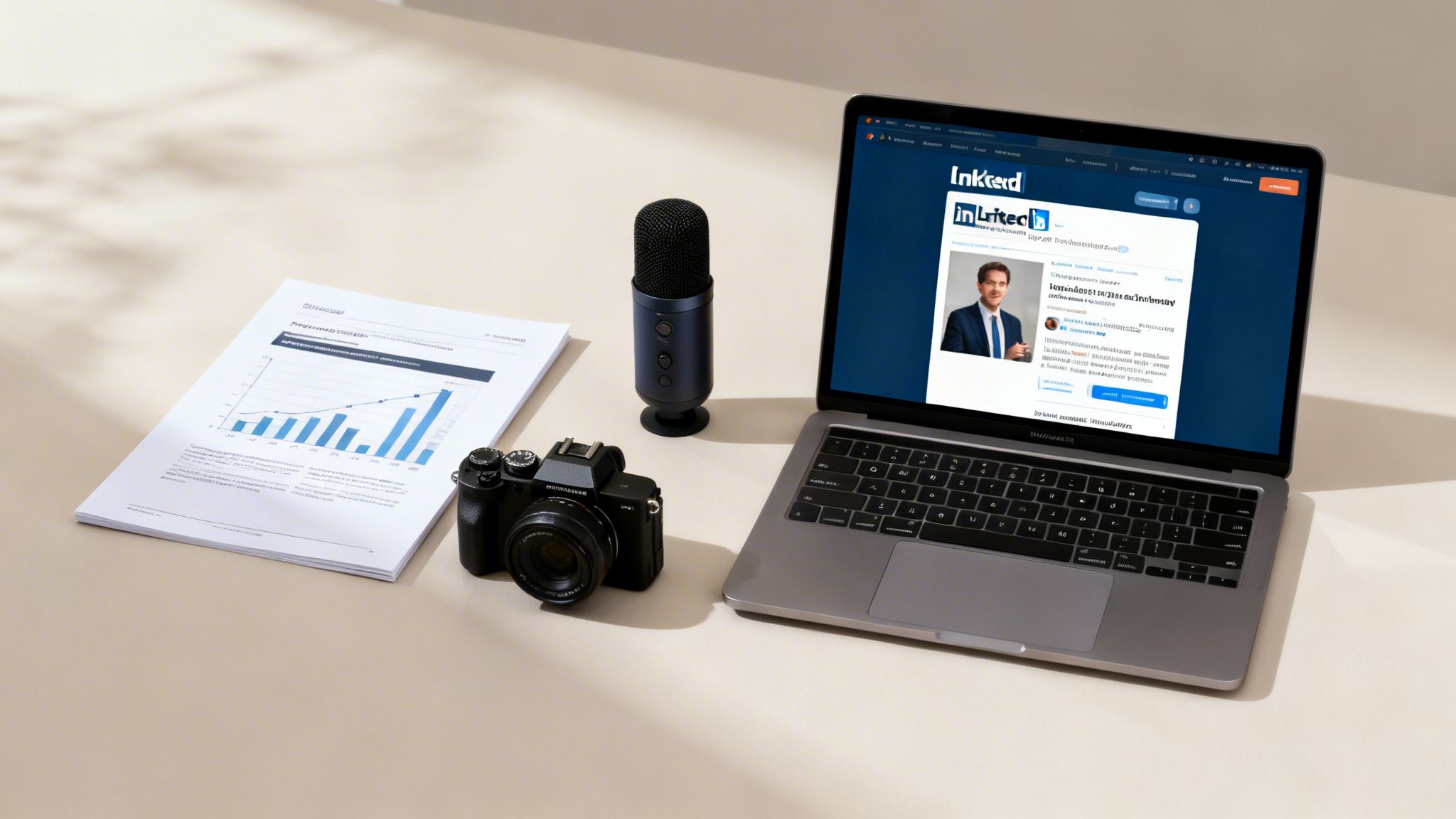 A professional desk setup featuring a laptop displaying LinkedIn, a microphone, camera, and documents.