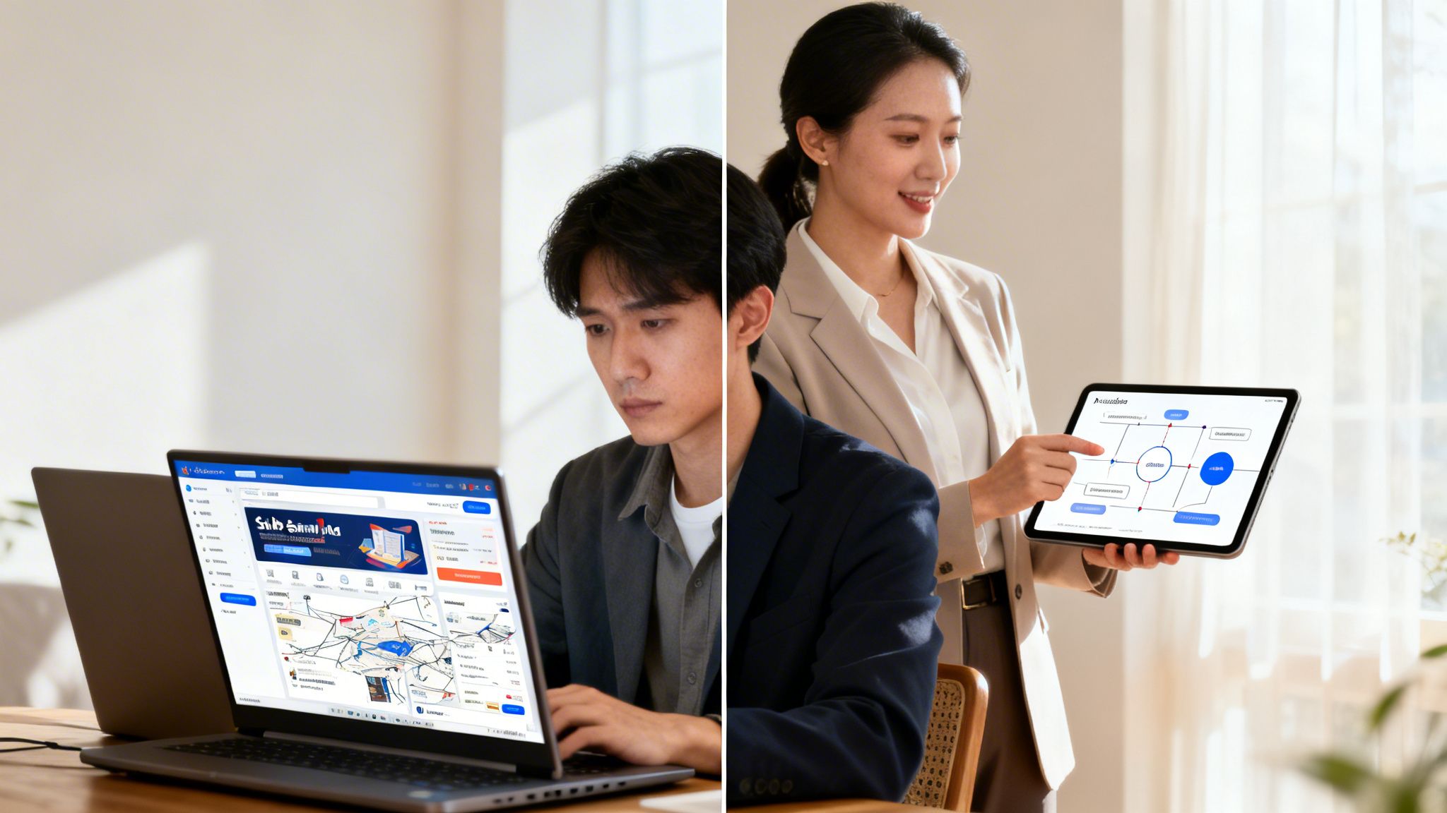 A professional man and woman collaborating on a digital marketing strategy using a laptop and tablet.