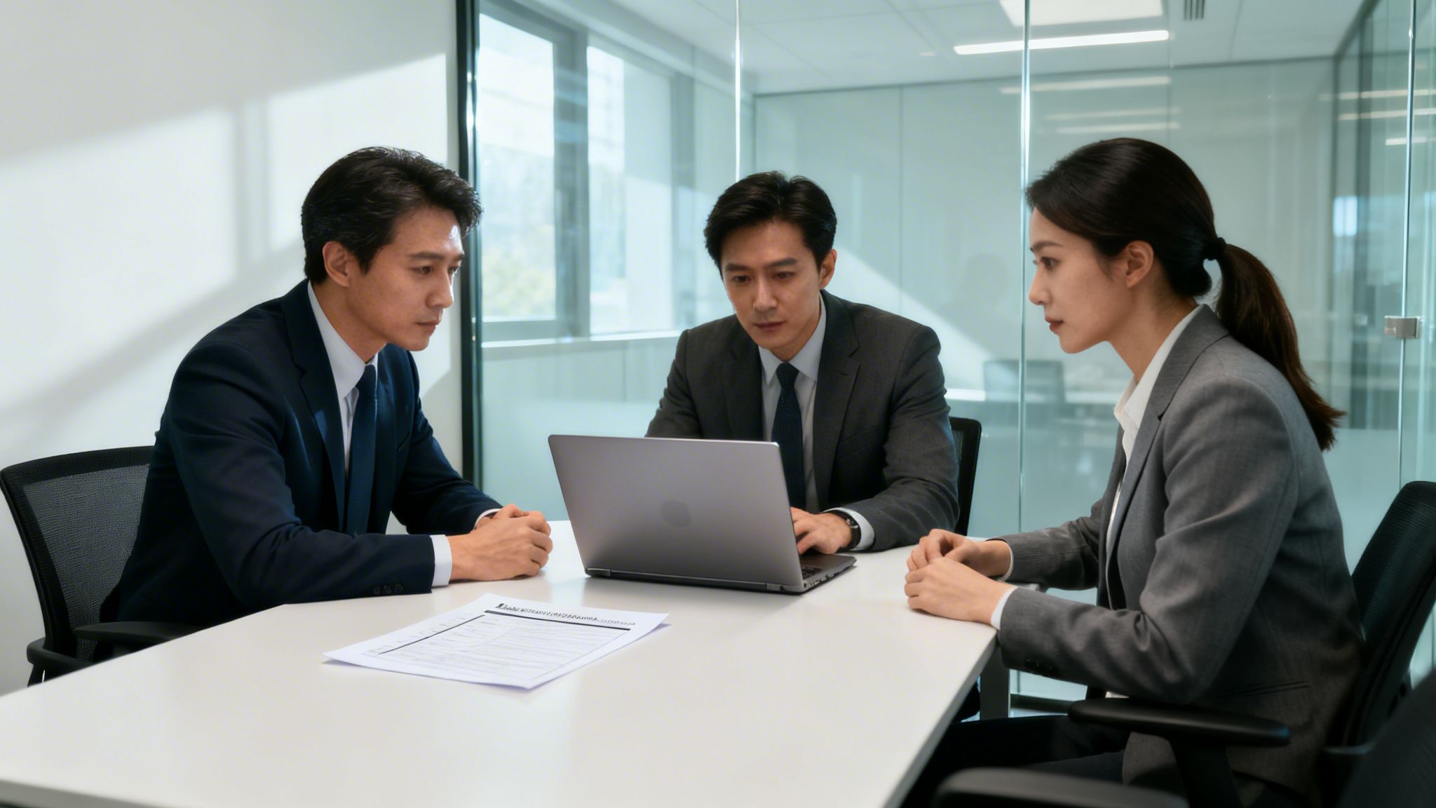 Three business professionals, two men and one woman, in a meeting room with a laptop.