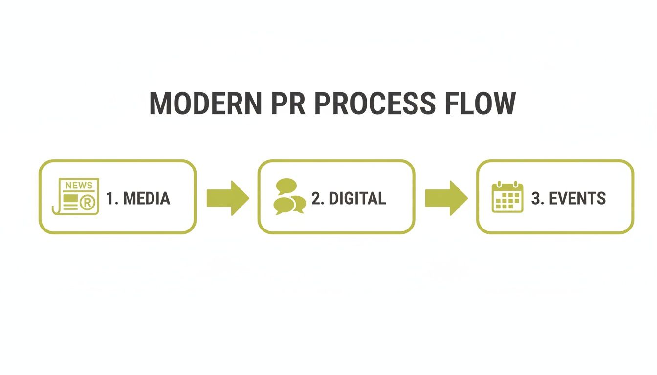 Flowchart illustrating the modern PR process: Media, Digital, and Events, linked by arrows.