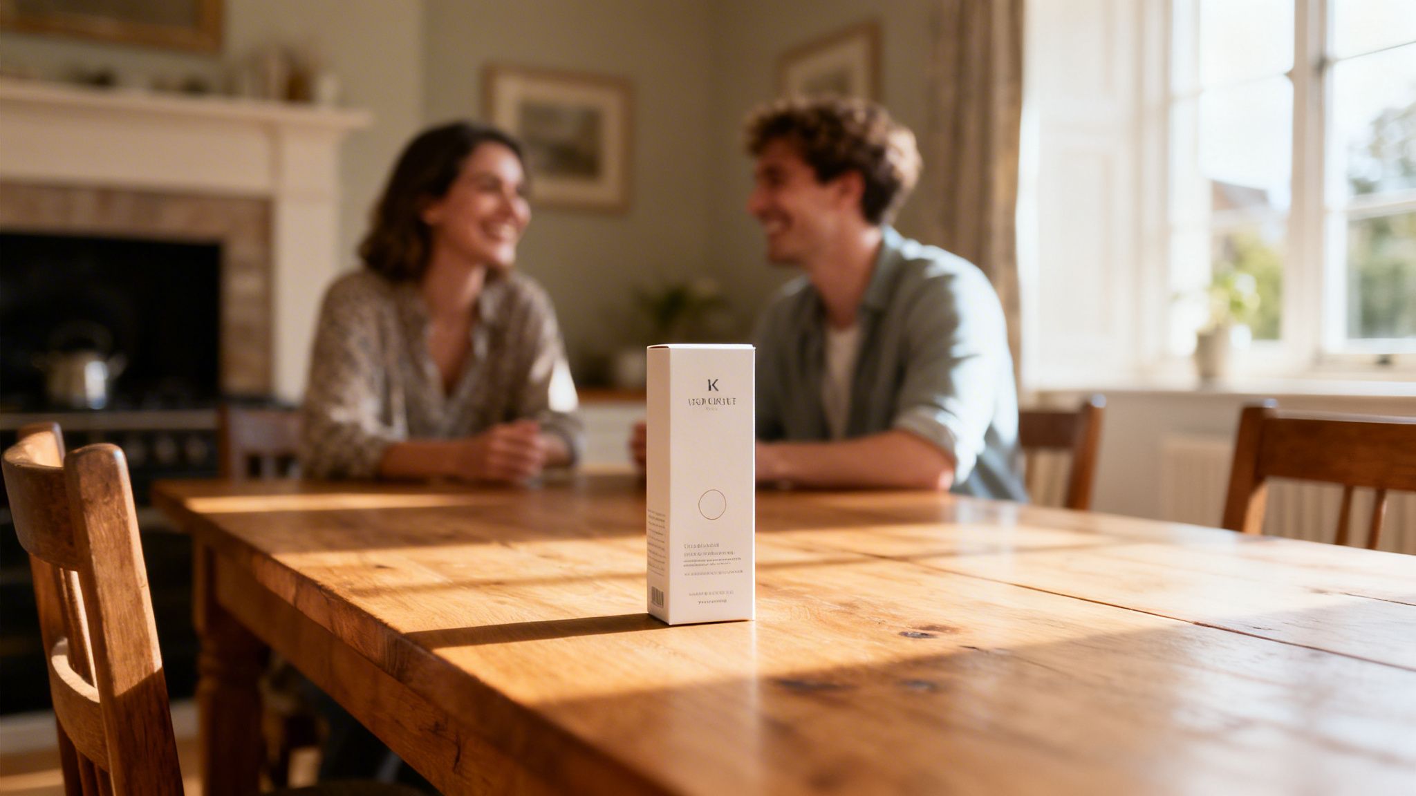 A white product box on a sunlit wooden table with two smiling people blurred in the background.