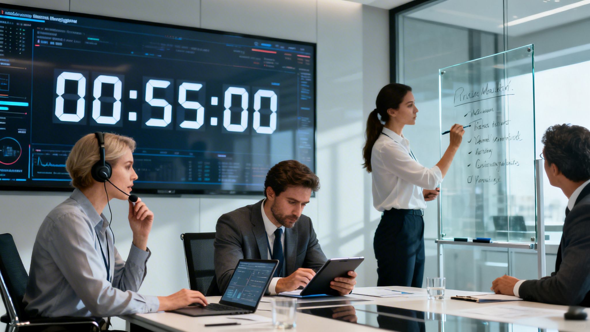 A professional team collaborates in a modern office with a large timer display during a corporate meeting.