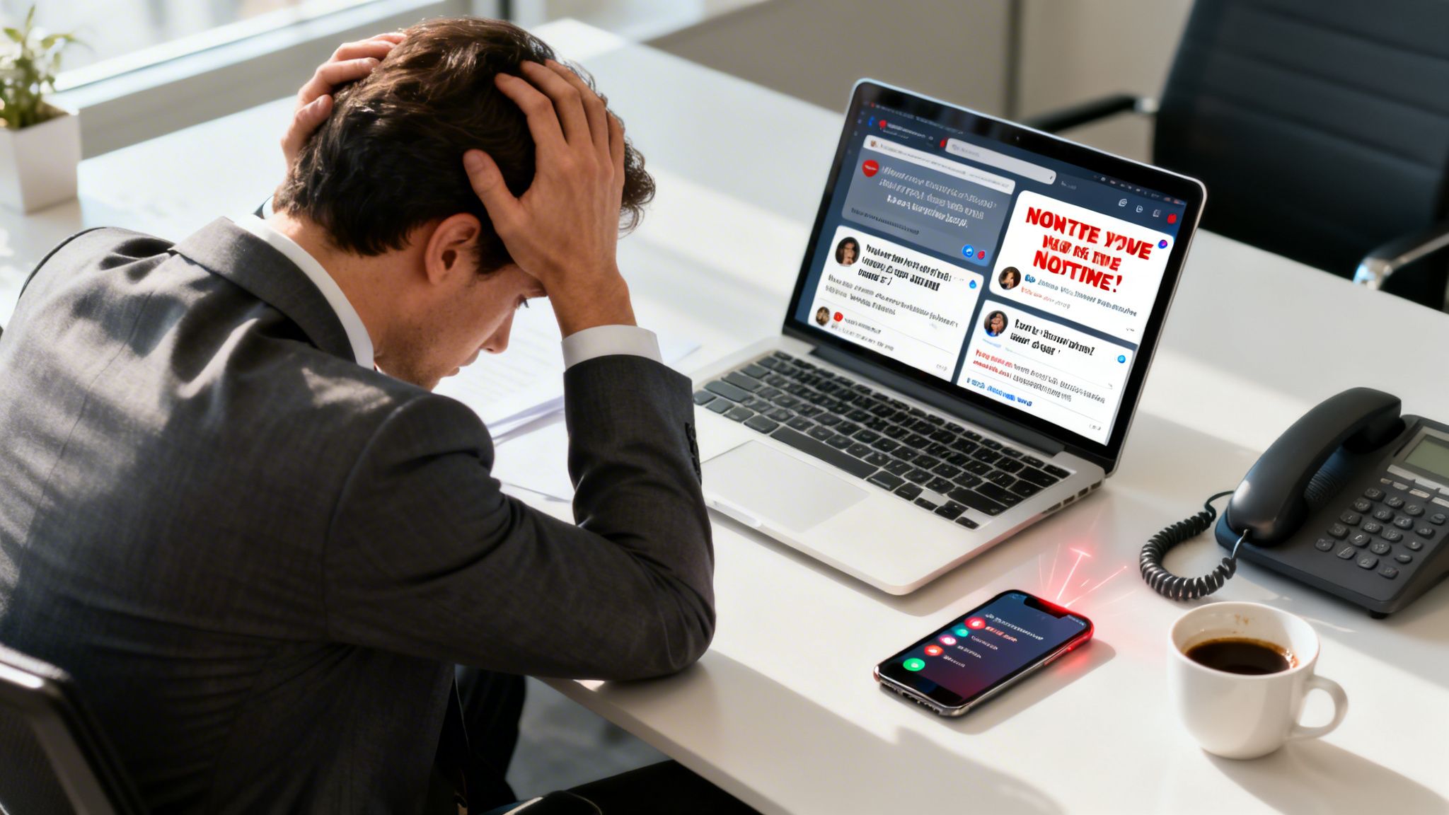A stressed businessman holding his head in his hands at a desk with a laptop and phone.