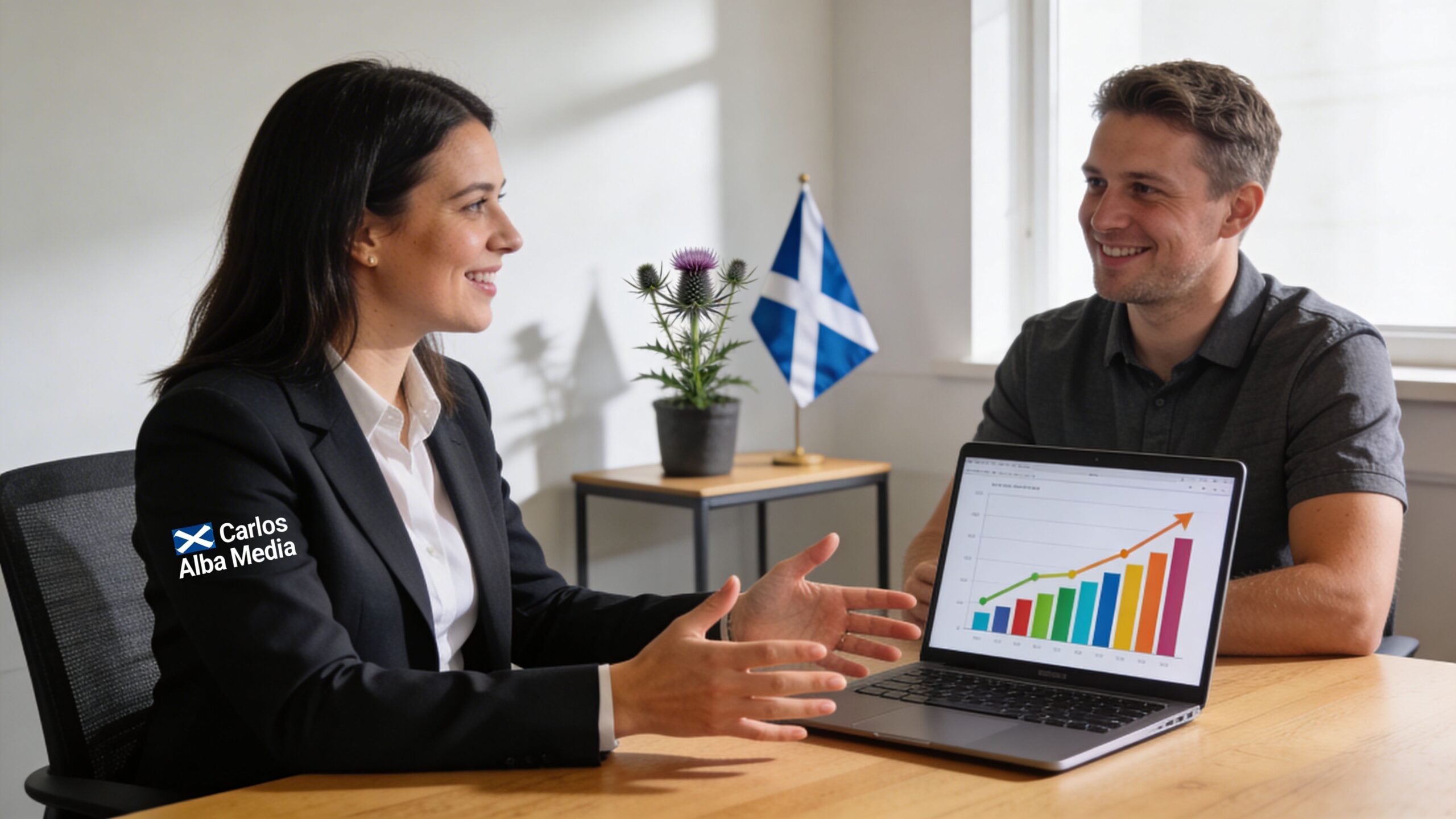 A professional business meeting with a woman presenting positive financial growth charts to a smiling male client.