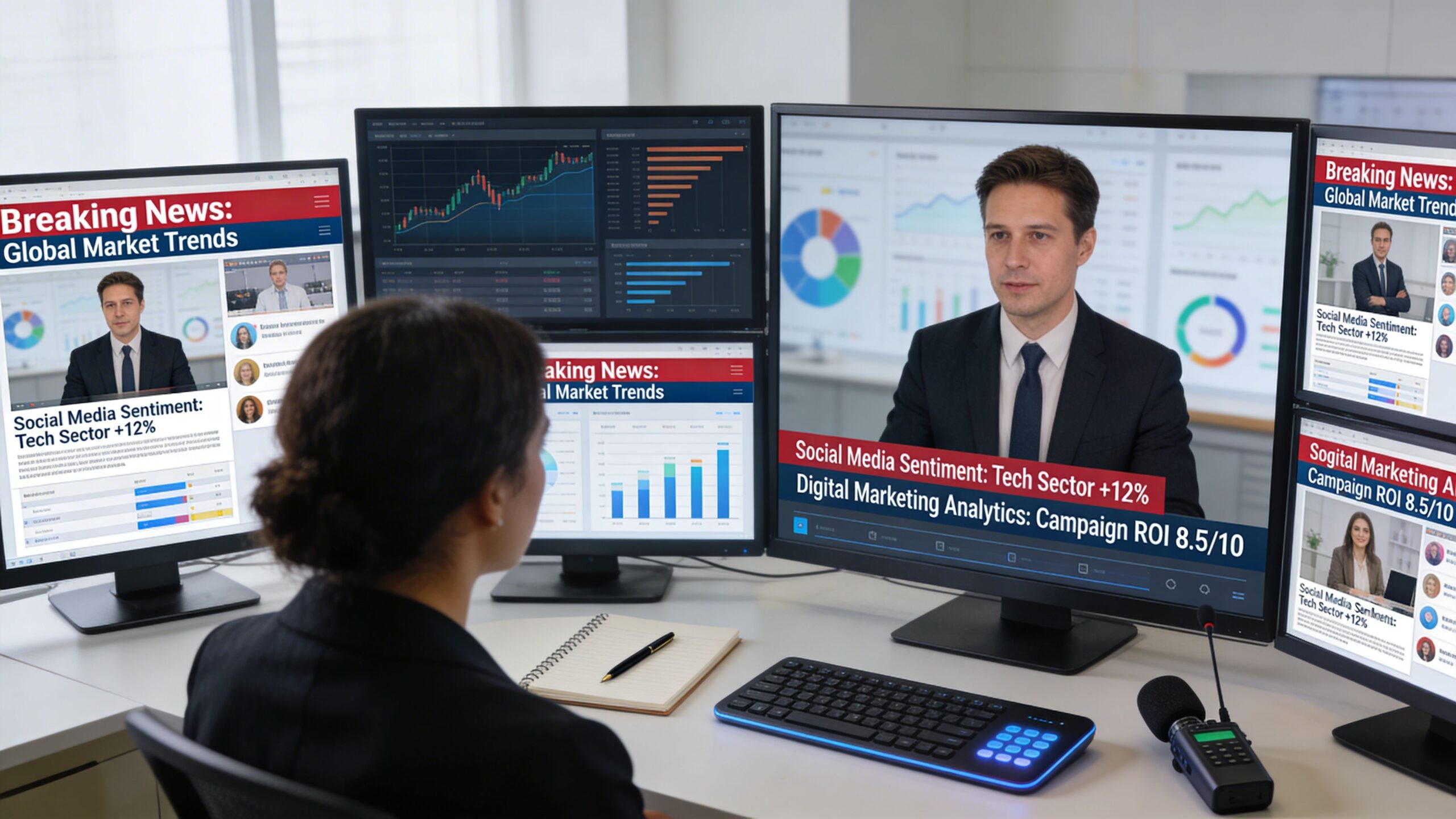 A professional analyst monitors multiple computer screens displaying digital marketing data and news in an office.