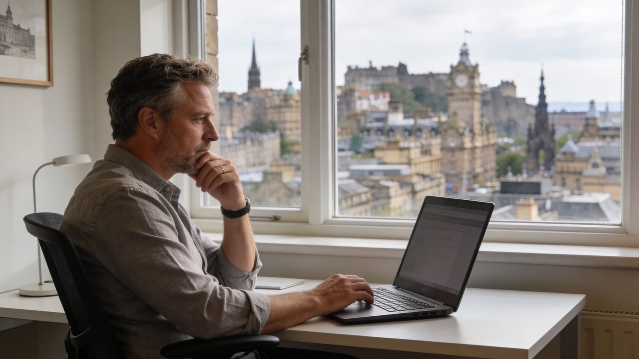 A professional man sitting at a desk with a laptop, looking out at the Edinburgh city skyline.