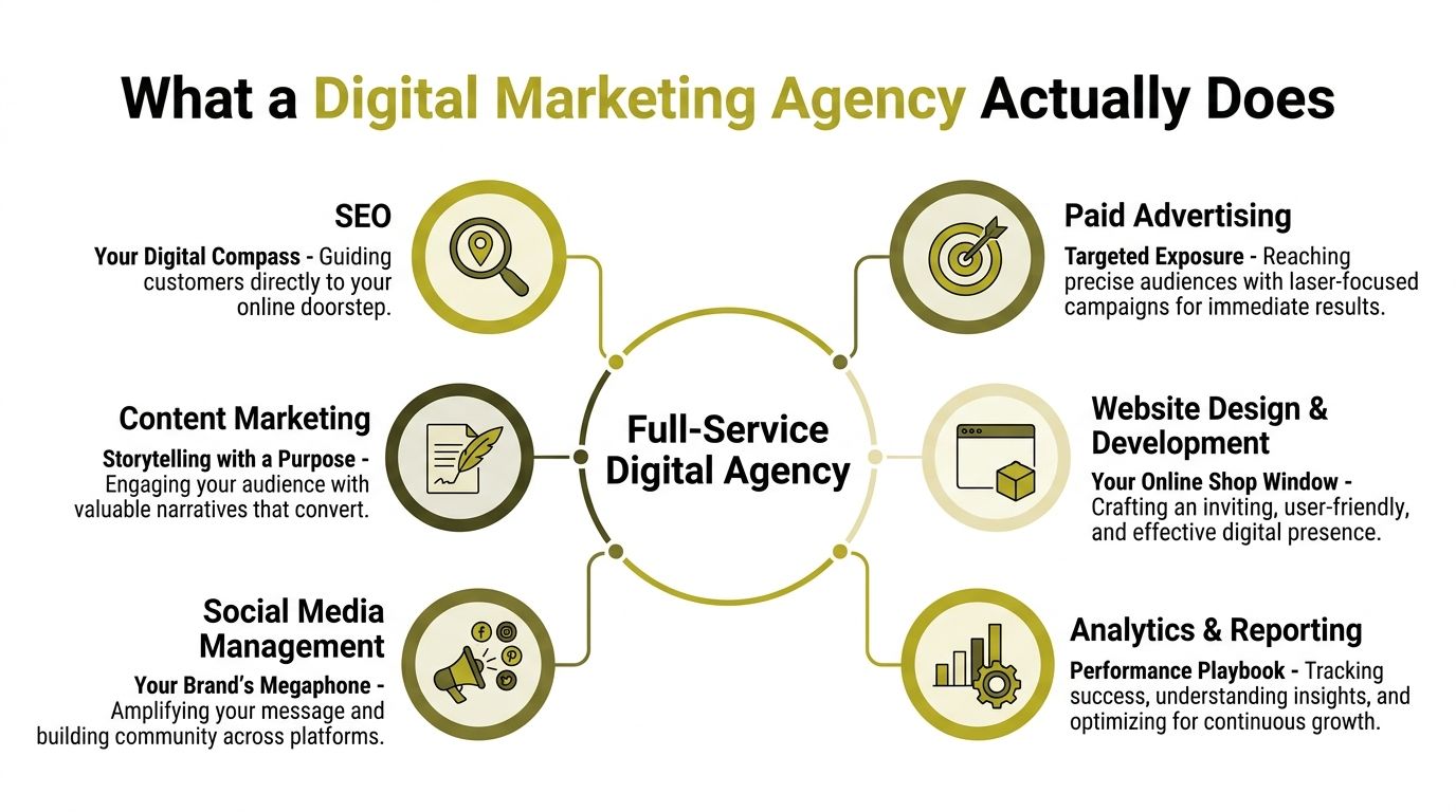 A diagram illustrating the core services offered by a full-service digital marketing agency for businesses.