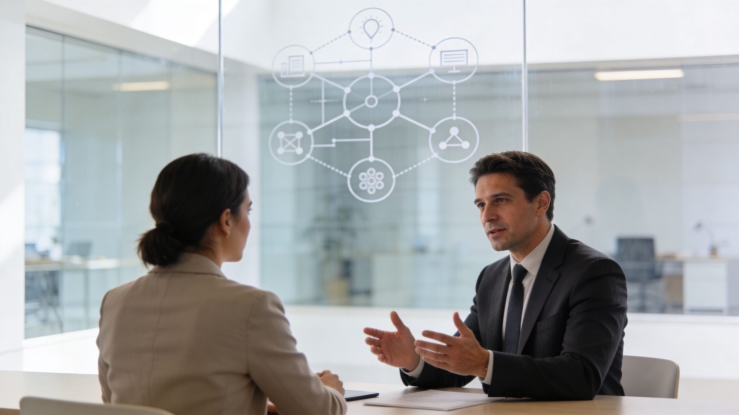 A professional man and woman having a business meeting in a modern office with a digital infographic.
