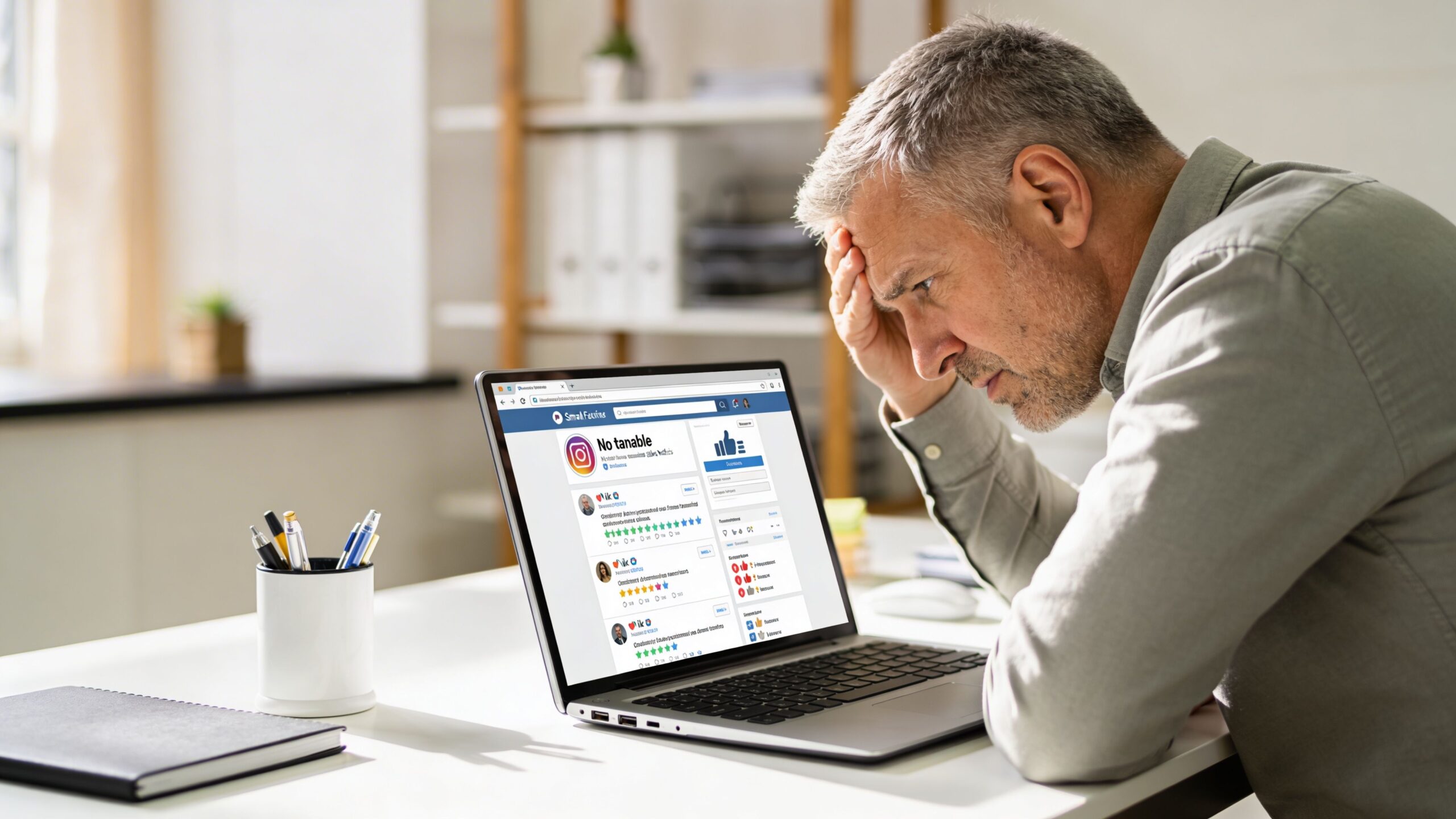 A stressed man looking at negative social media reviews on his laptop screen at an office desk.