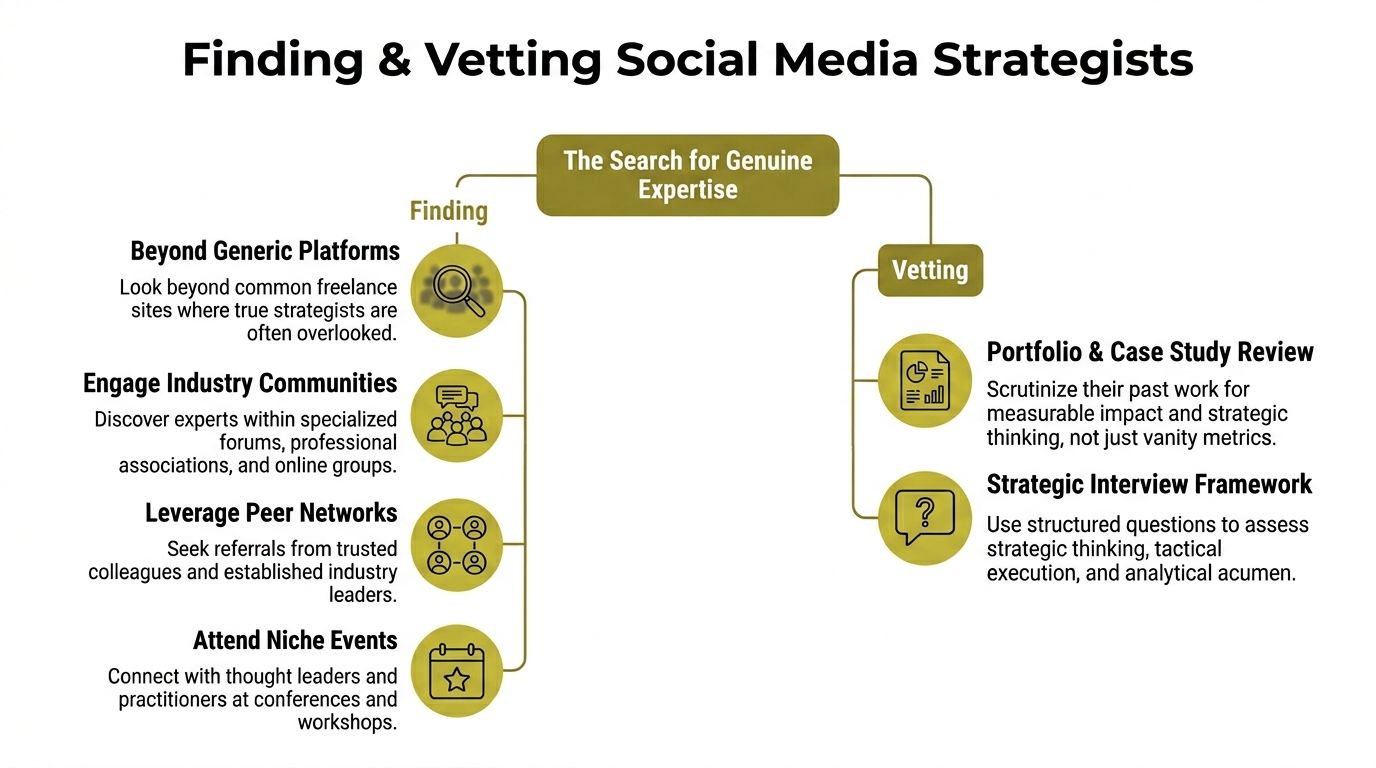 An infographic showing strategic methods for finding and vetting qualified social media experts for your business.