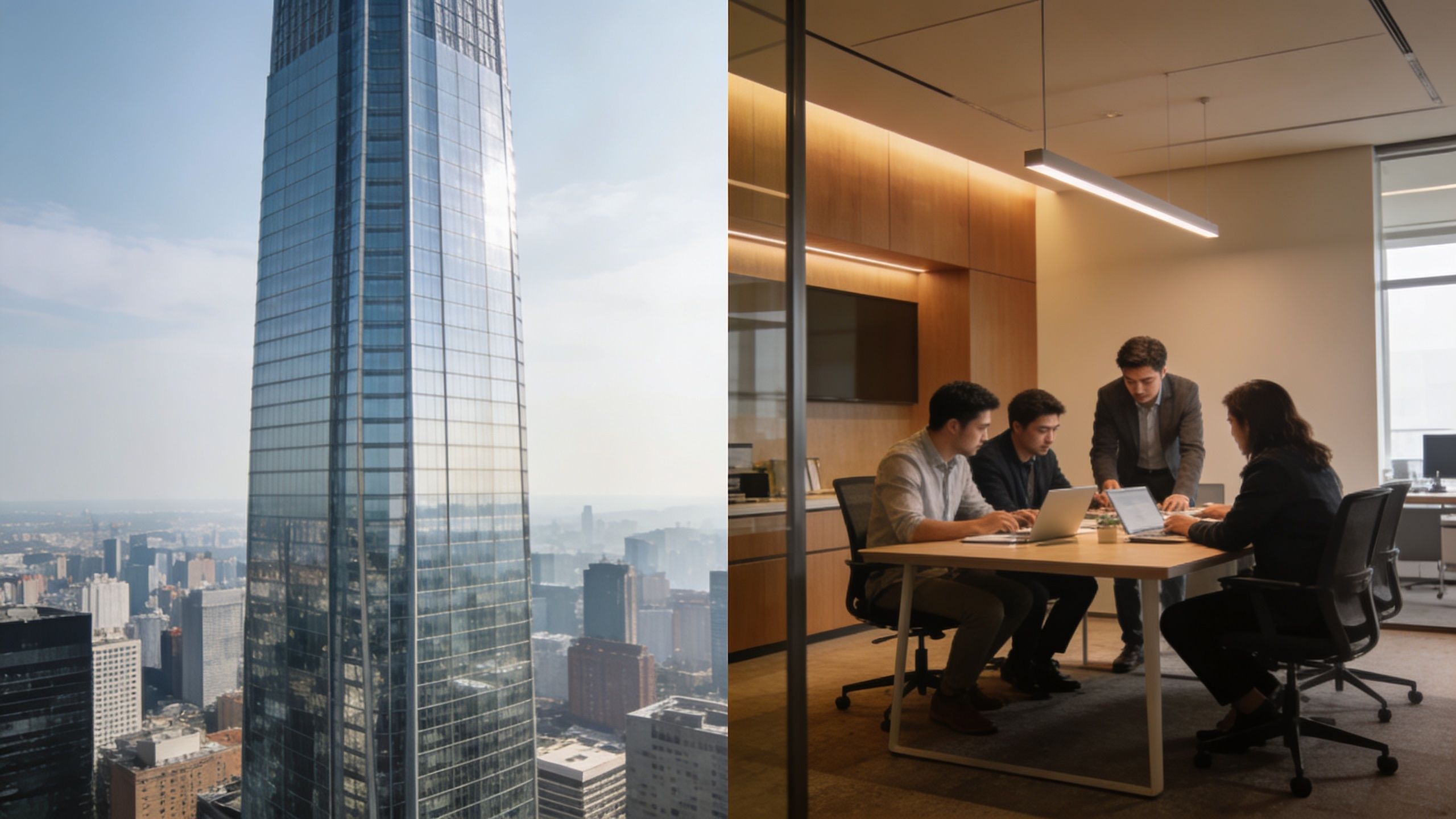 A split screen showing a tall glass skyscraper next to a professional business meeting in an office.