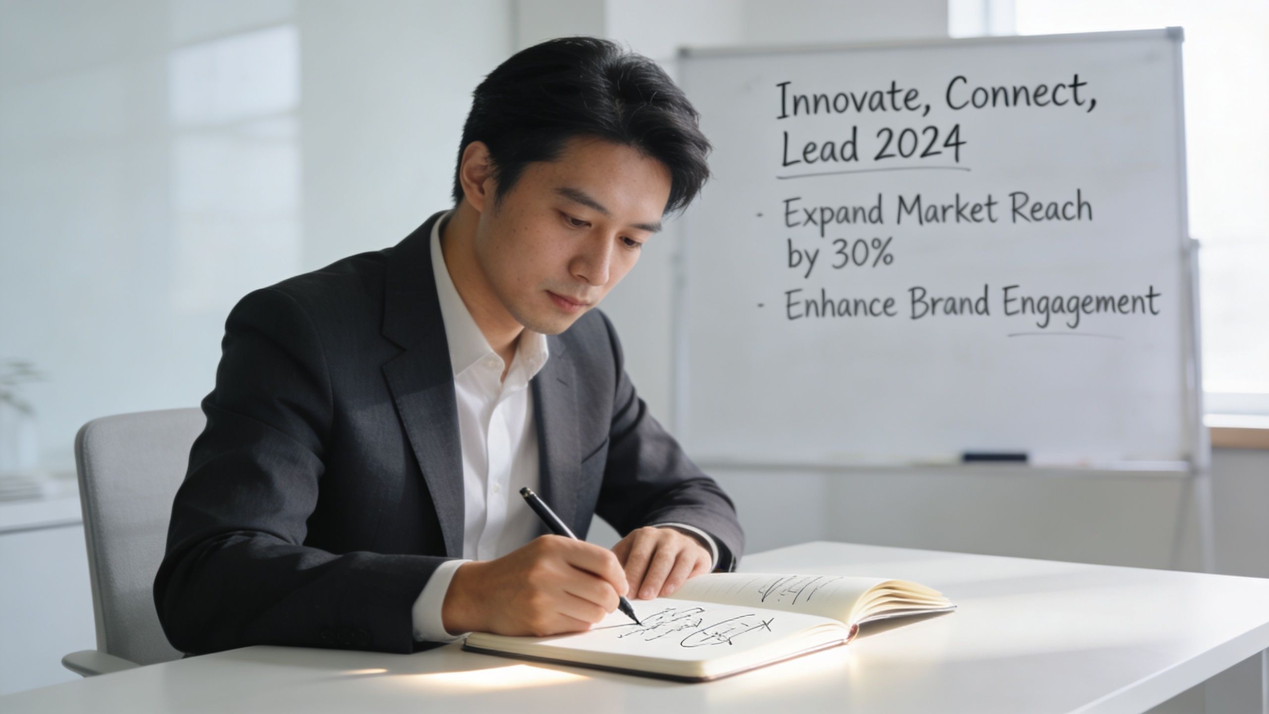 A professional man writing in a notebook in an office setting with strategic goals on a whiteboard.