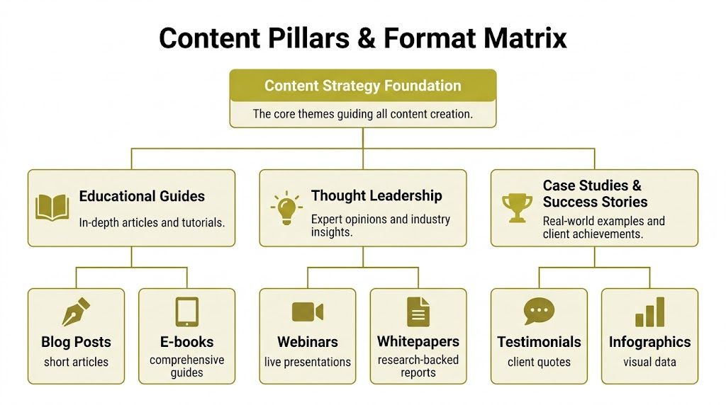 A diagram illustrating a content strategy framework with core pillars branching into specific content formats.