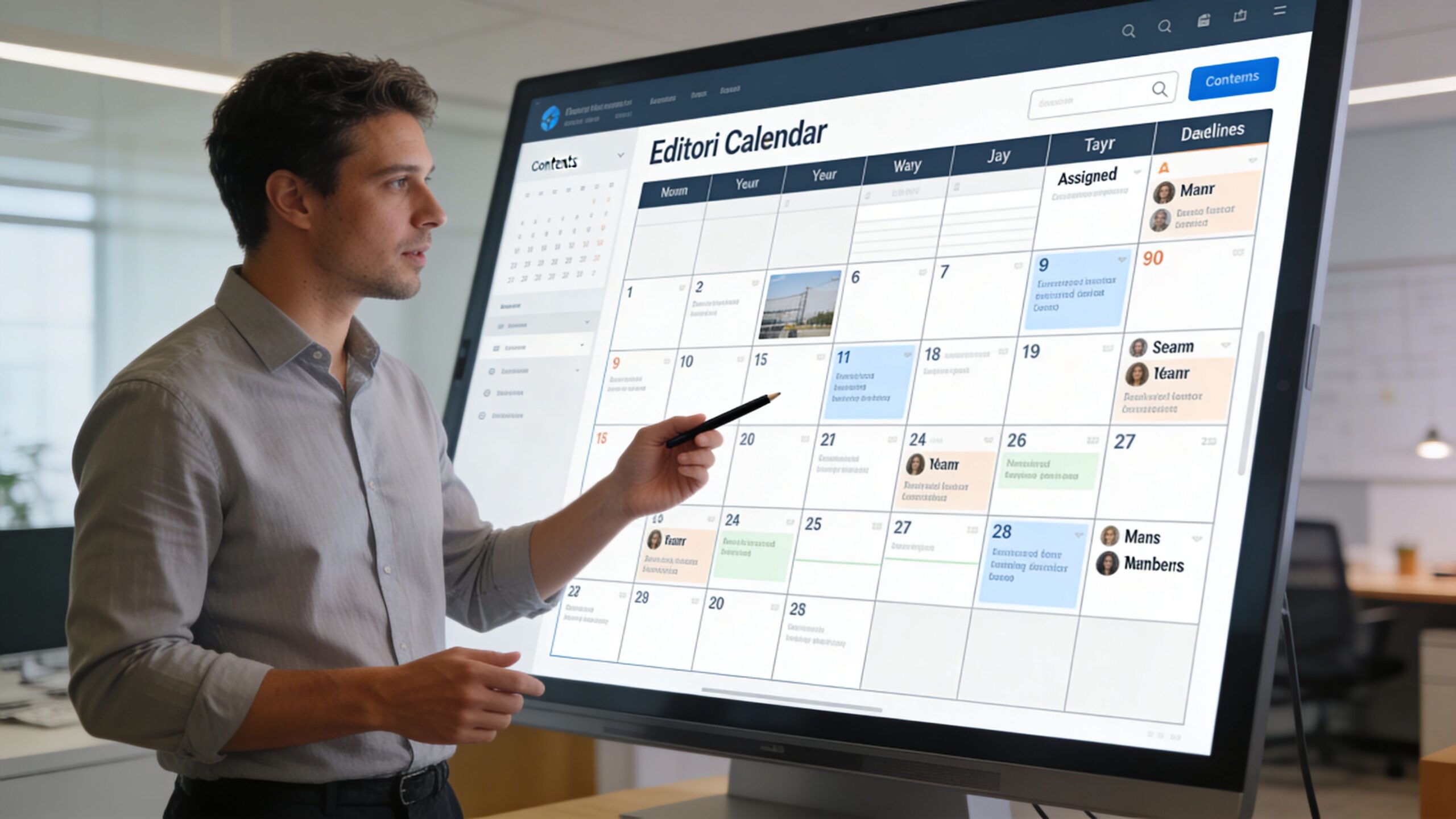 A professional man pointing at a large digital screen displaying an editorial content planning calendar in office.