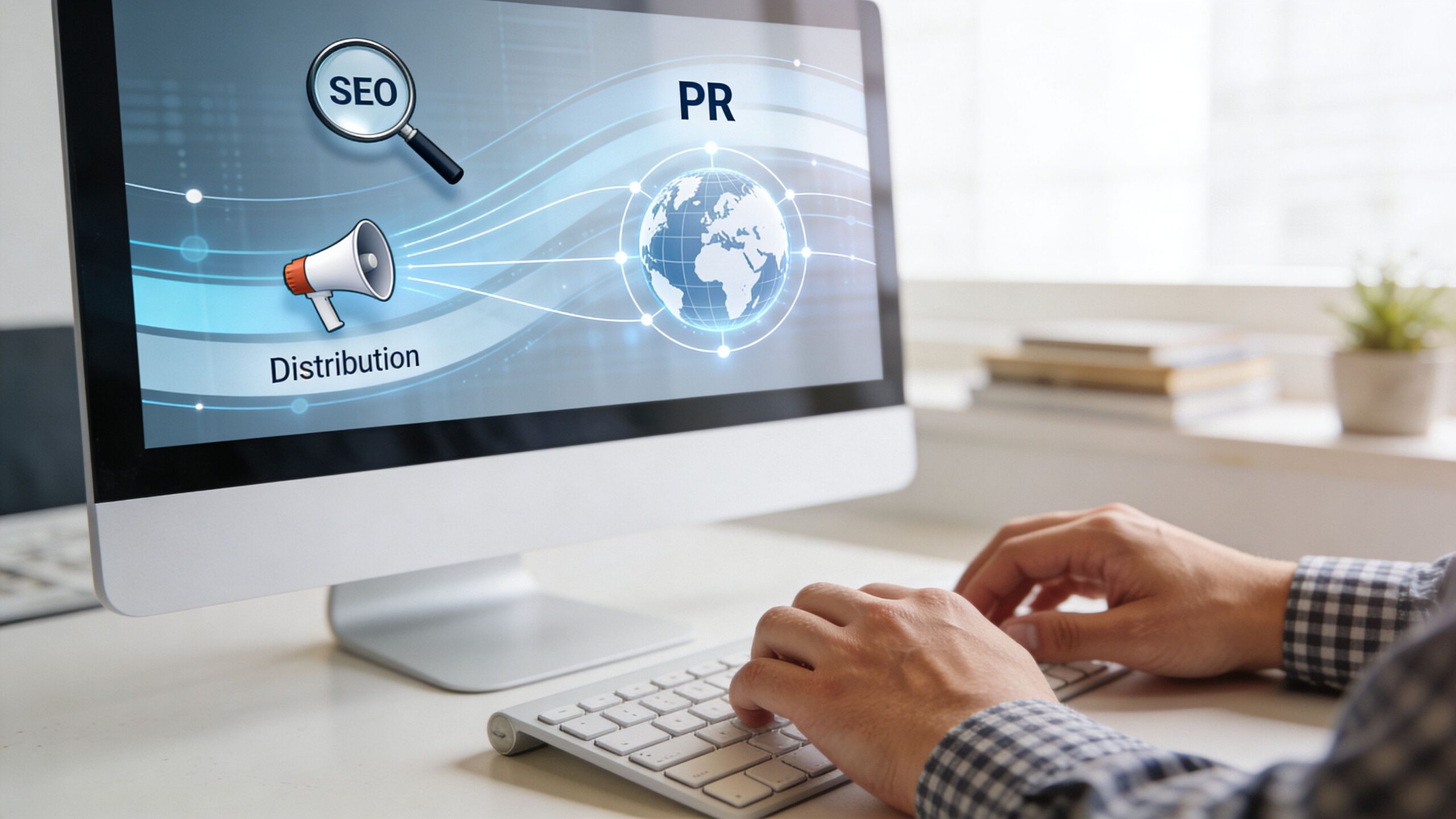 A professional working on a computer display featuring visual concepts for SEO, PR, and content distribution.