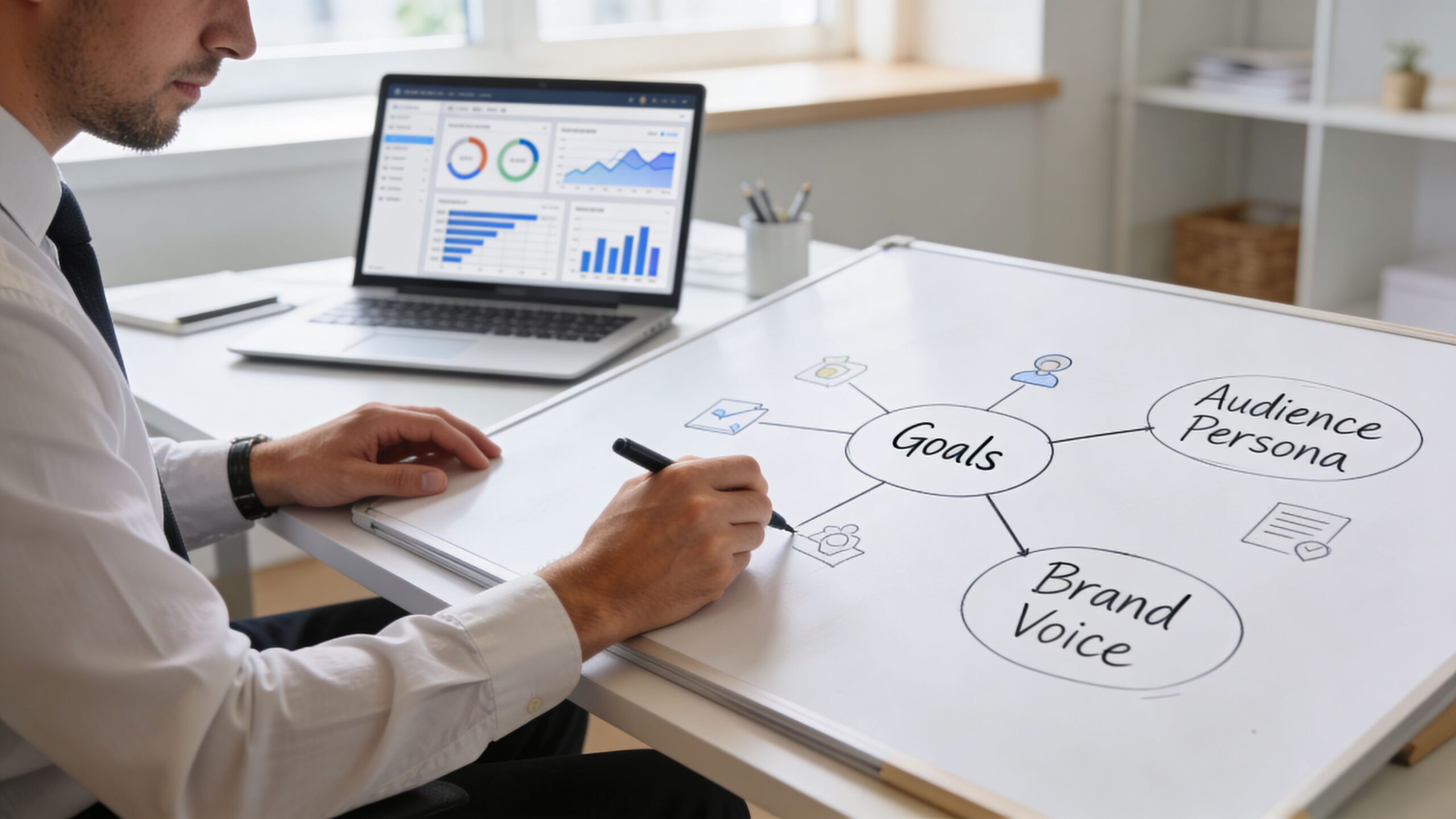 A professional man drawing a content marketing strategy diagram on a whiteboard in an office setting.