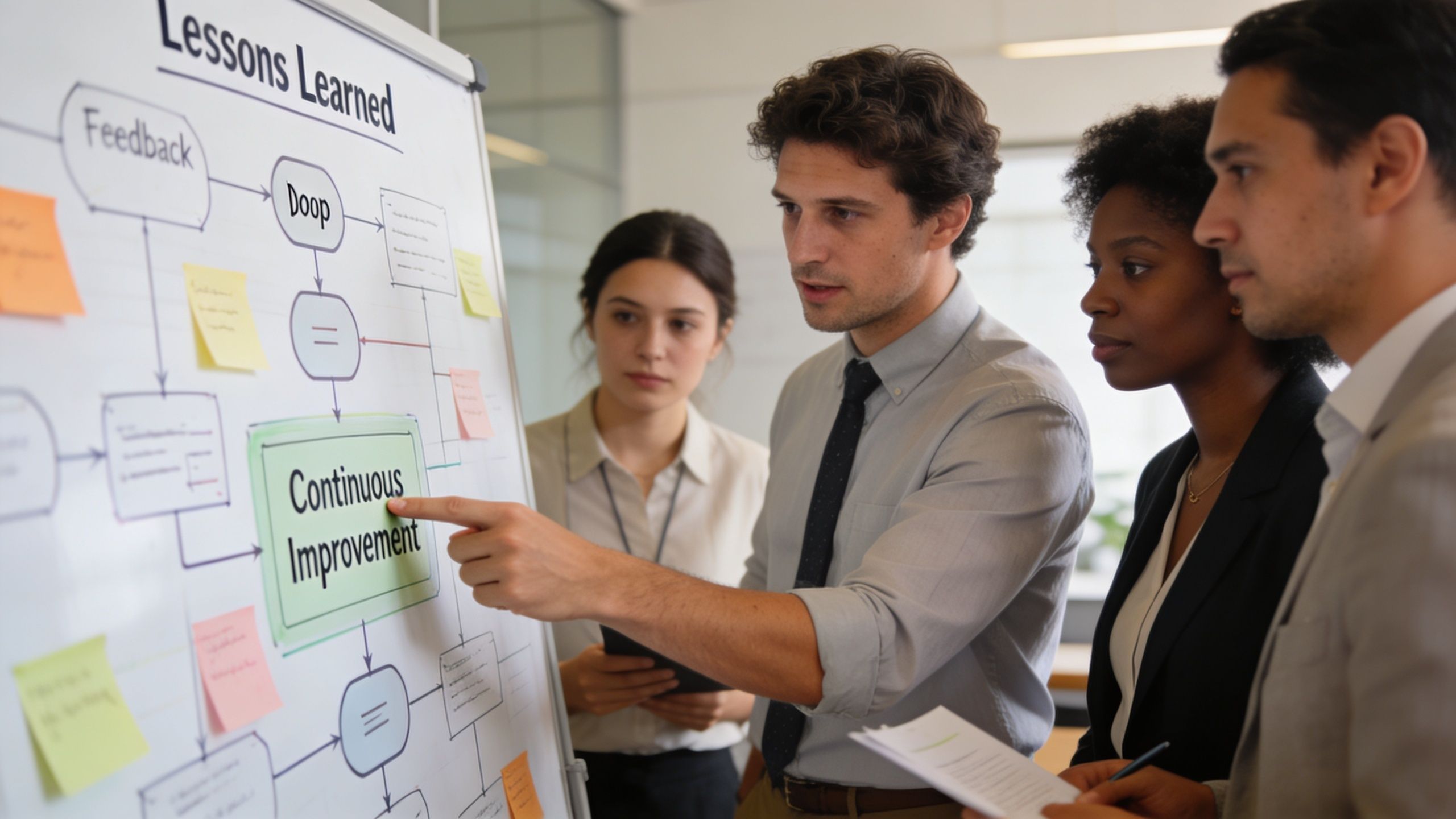 A diverse business team collaborating on a strategy project by reviewing a flowchart on a whiteboard.
