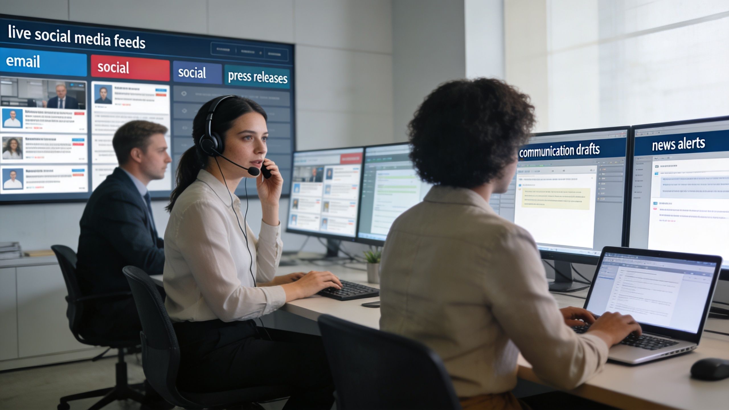 A professional team working in a modern office monitoring live social media feeds and communications during crisis.