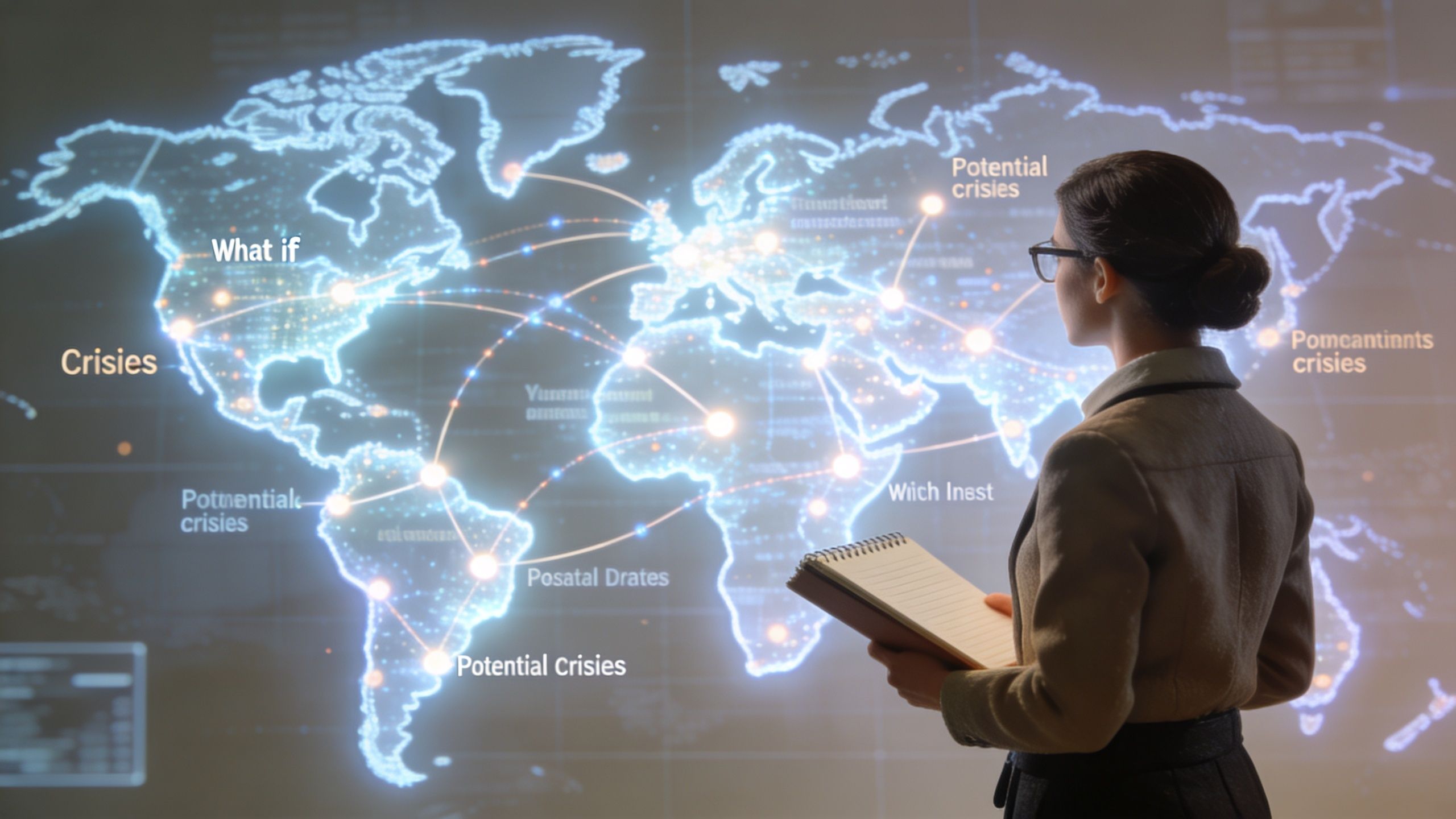 A professional woman studying a glowing digital world map visualization to develop a crisis communications plan.