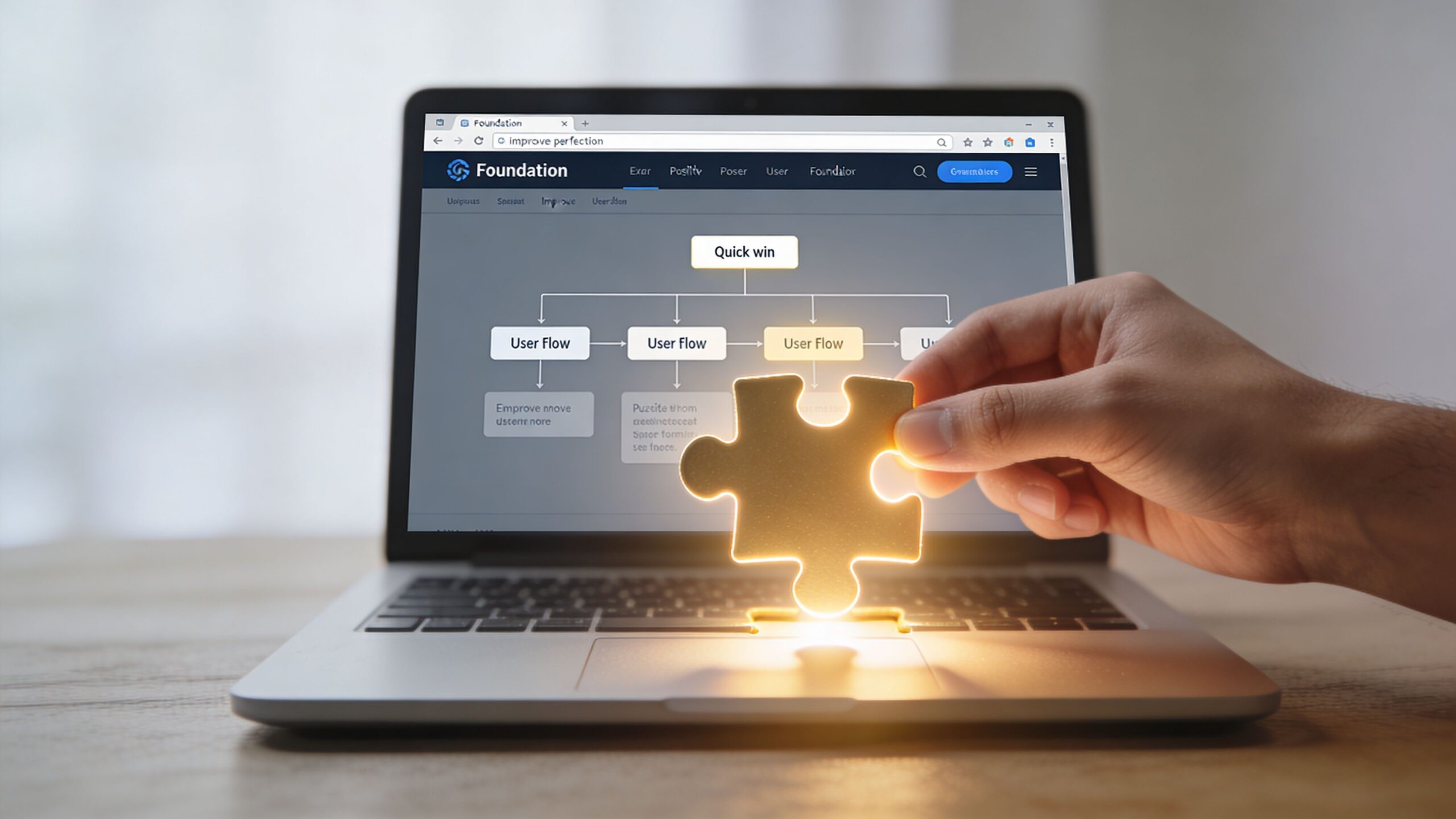 A hand placing a glowing puzzle piece onto a laptop showing a user experience workflow diagram.