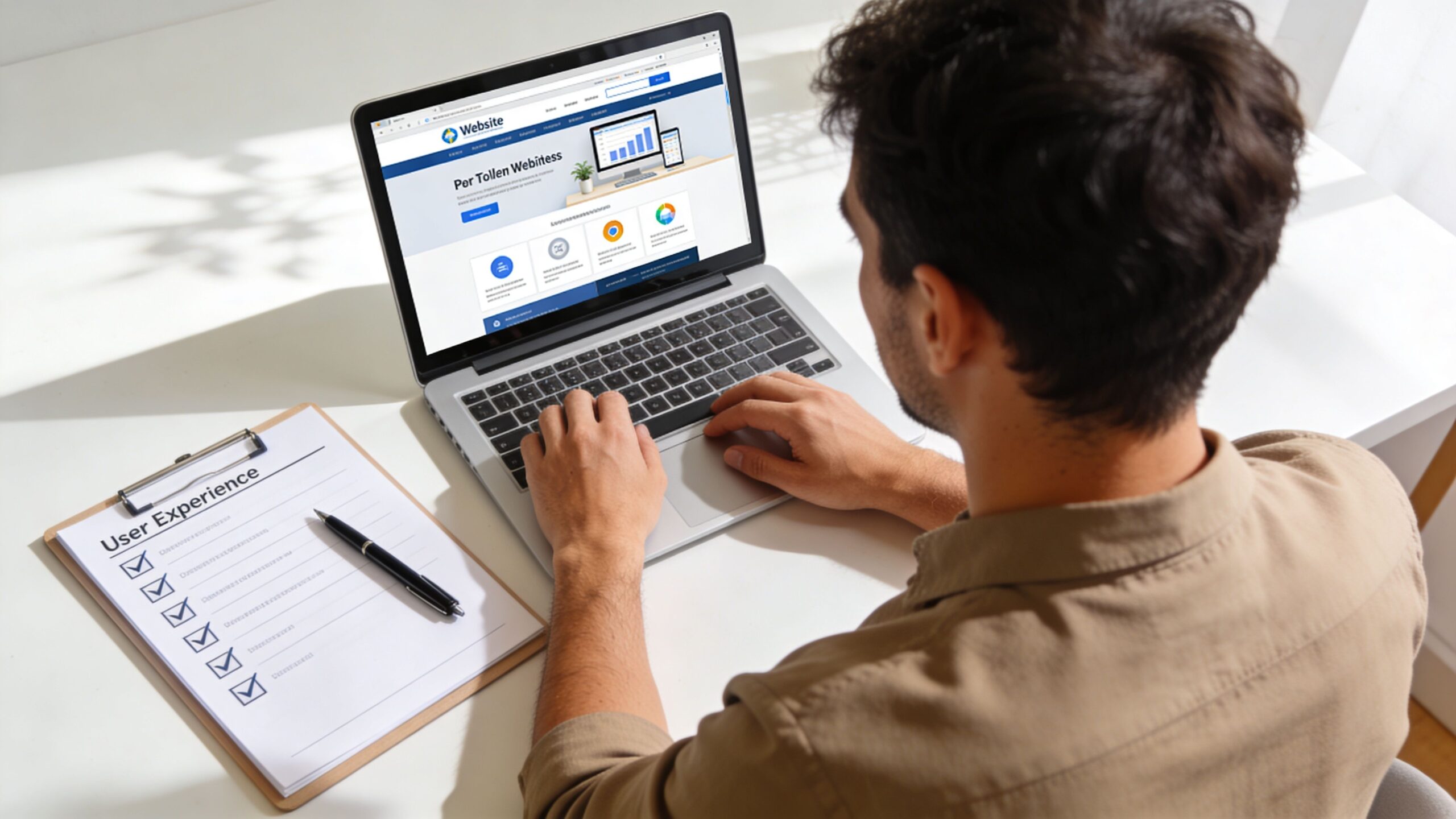 A person working on a laptop while reviewing a checklist about website user experience on a clipboard.