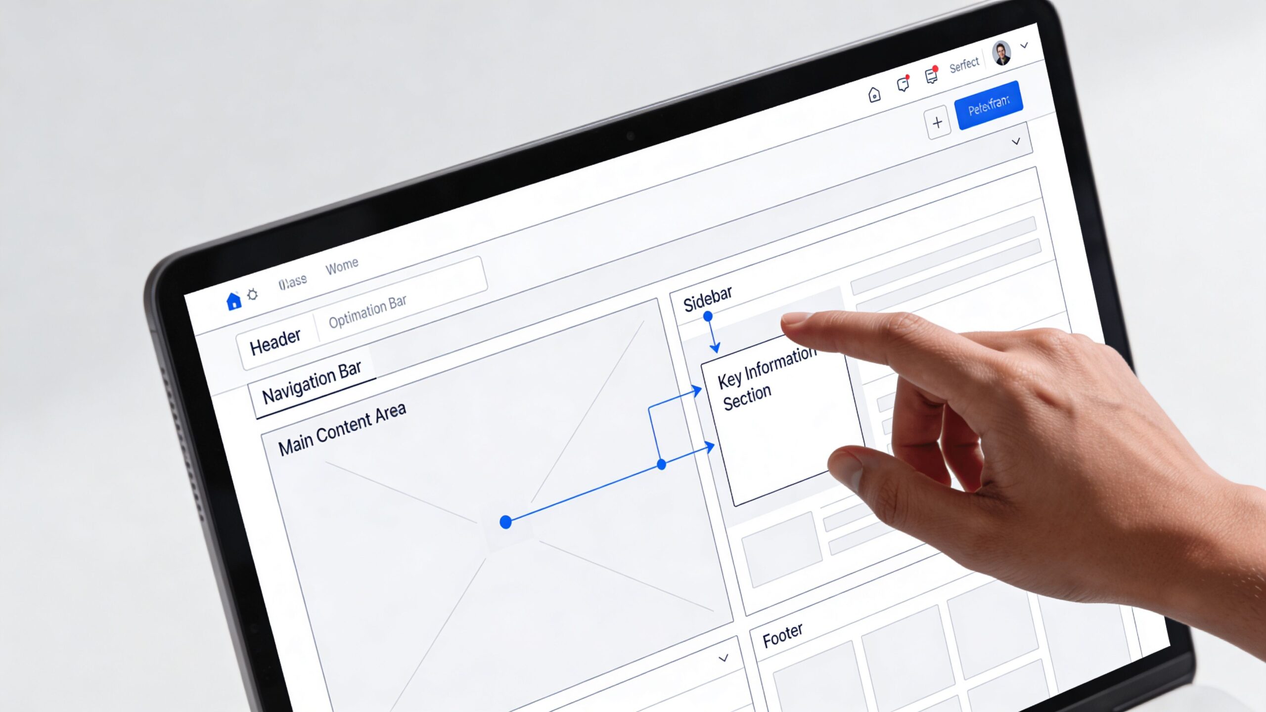 A hand interacting with a website wireframe prototype on a laptop screen to improve user experience design.