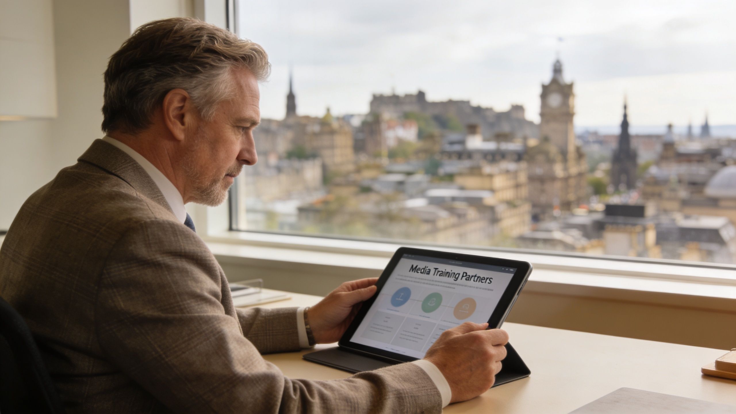 A professional man reviewing media training materials on a tablet with a view of Edinburgh in background.
