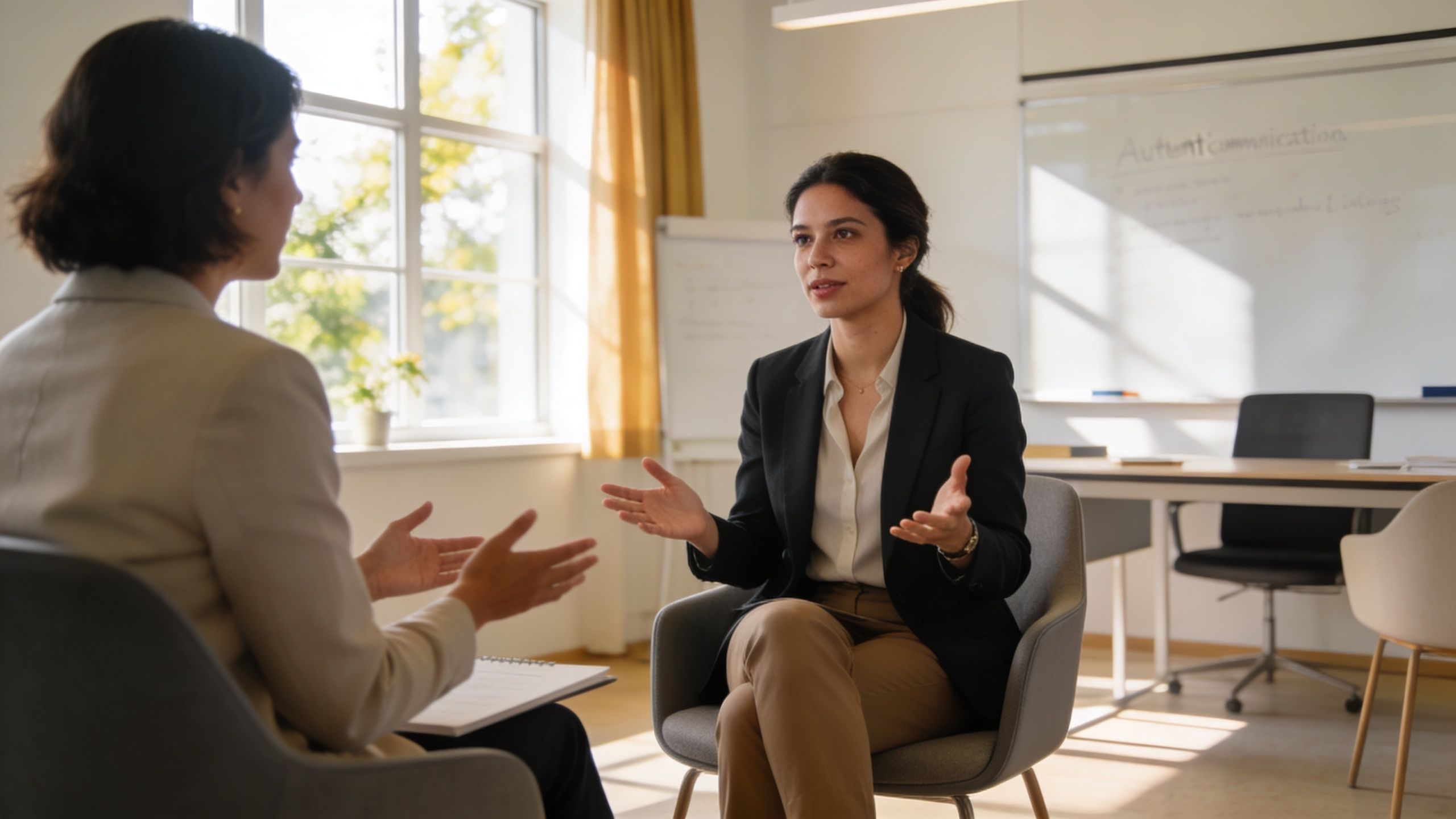 A professional woman in a business blazer explains concepts to a colleague during an office meeting.