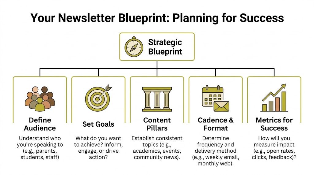 A strategic blueprint diagram illustrating five key steps for planning a successful school communication newsletter.