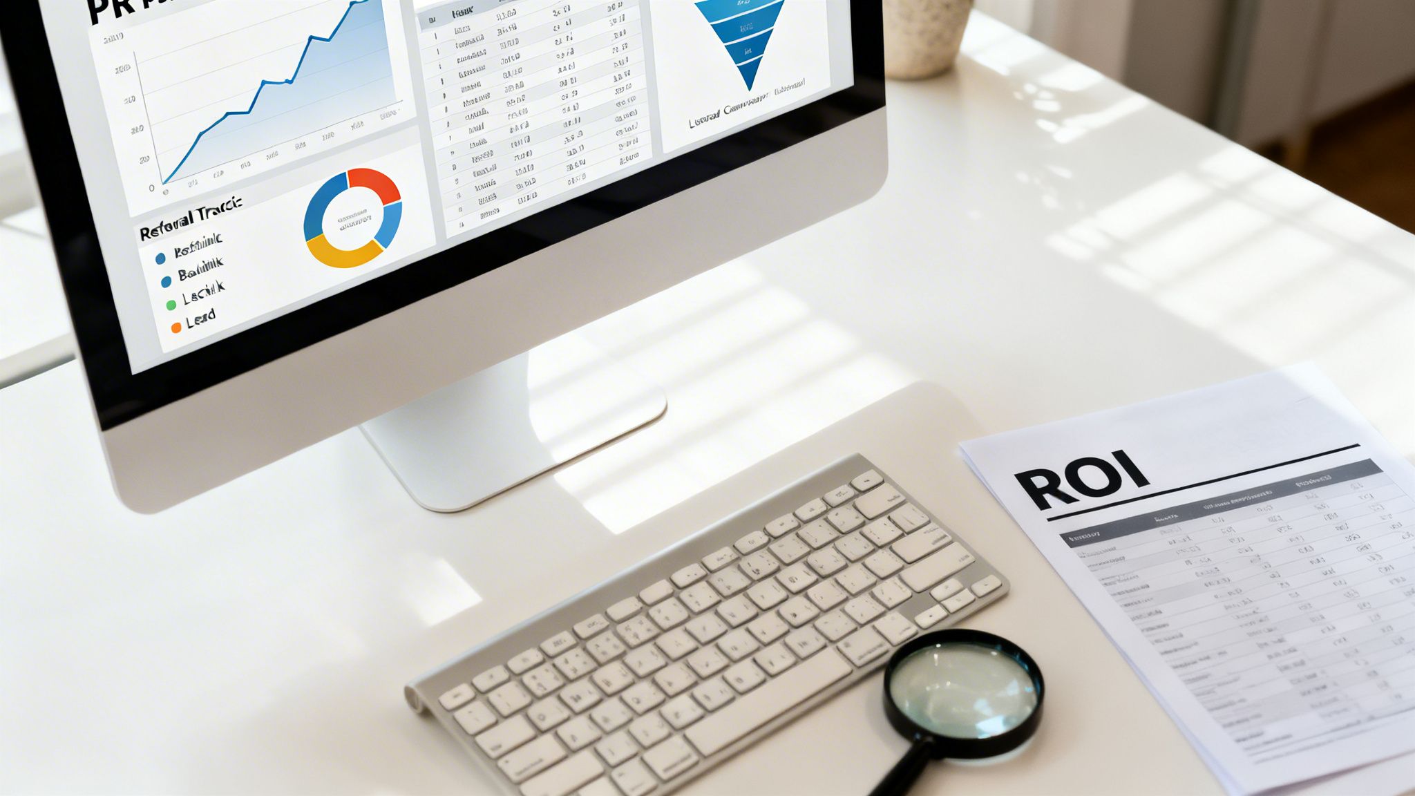White desk with computer showing PR analytics, an ROI report, keyboard, and magnifying glass.